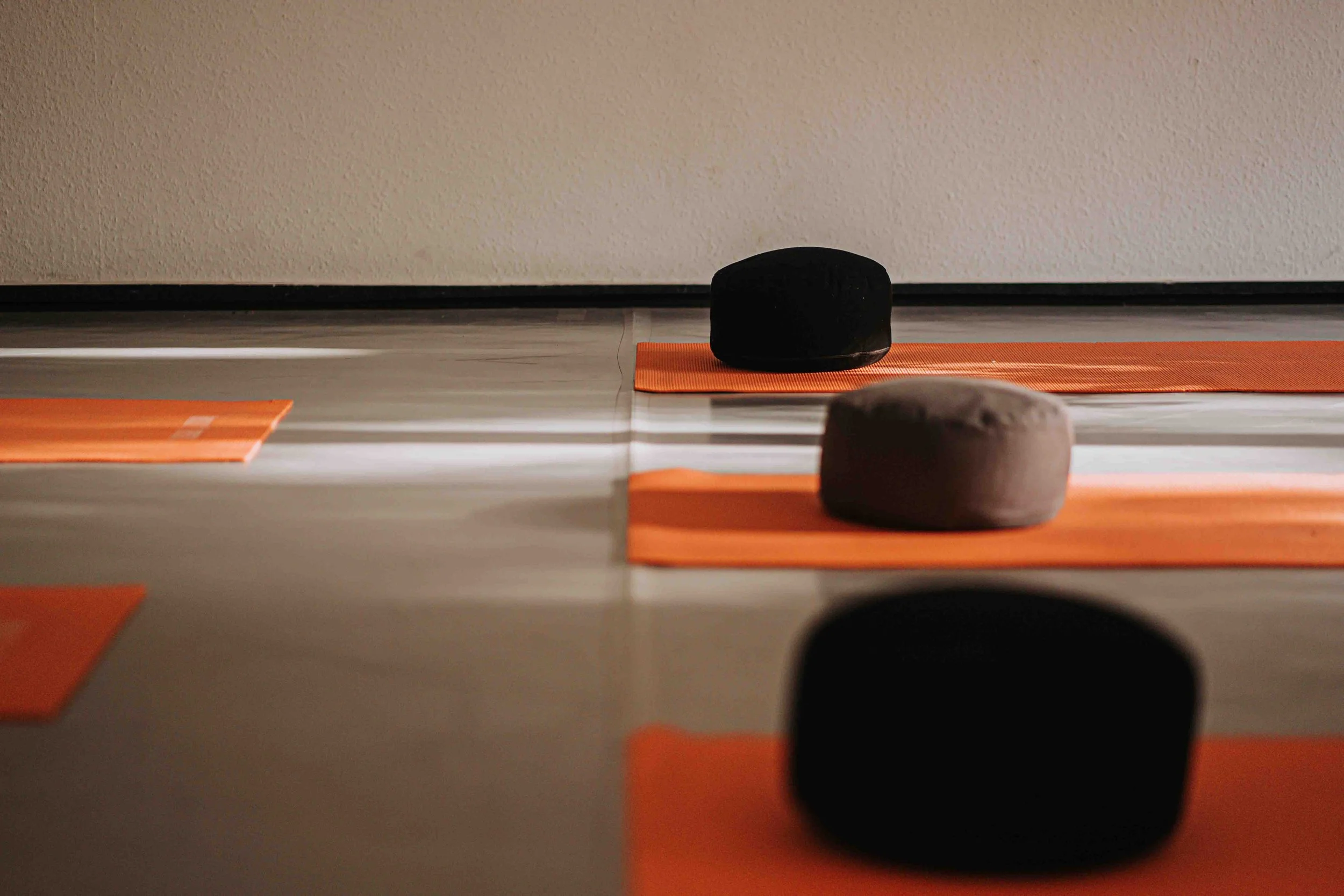 Man sieht im Anschnitt mehrere pinke Yogamatten und drei graue Meditationskissen, die auf den Matten liegen.