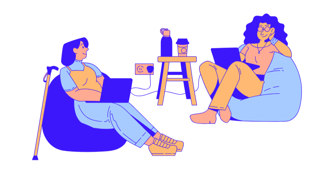 Die Grafik zeigt zwei Personen, die in Sitzsäcken sitzen und arbeiten.