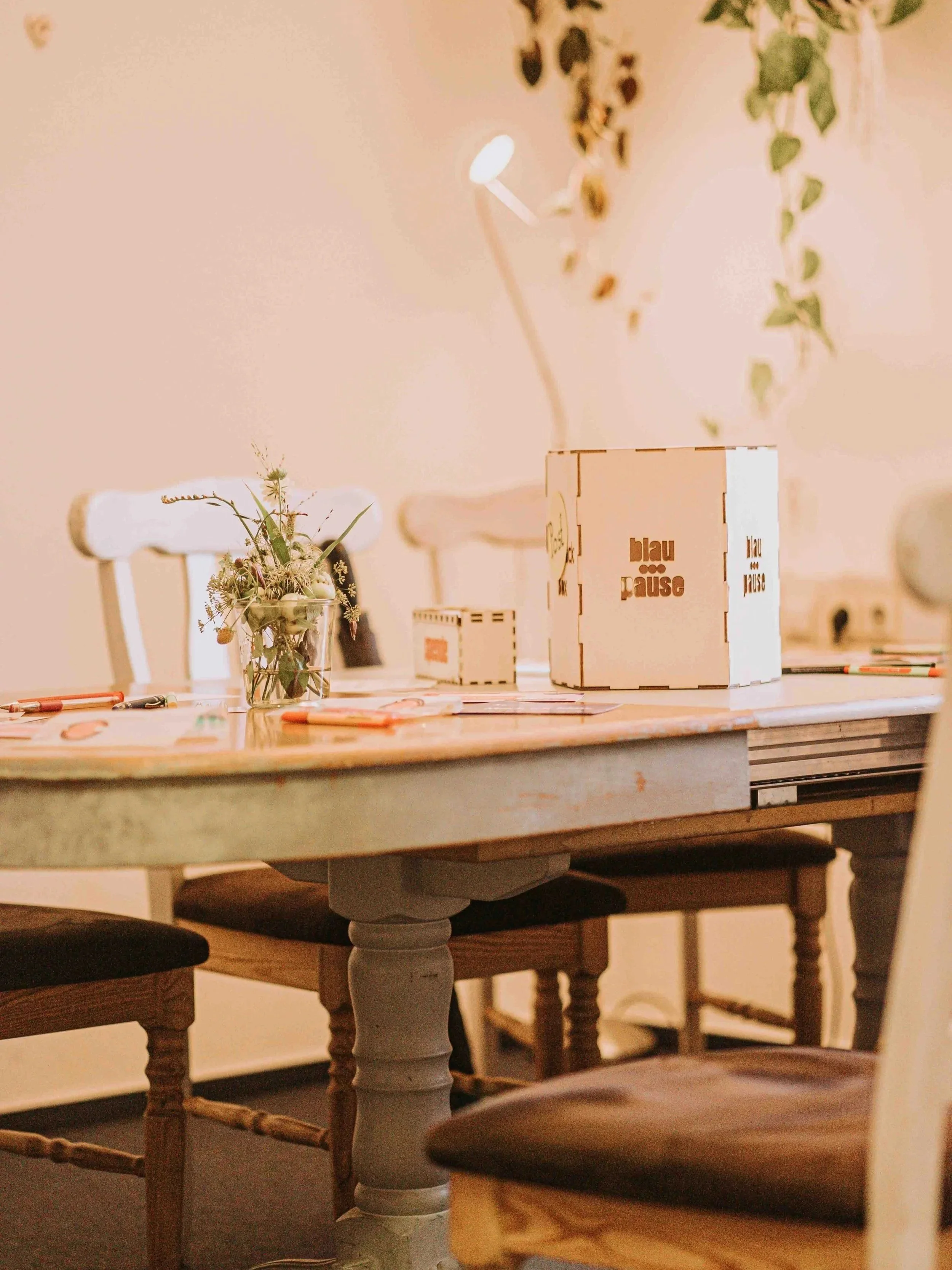 Auf dem Bild sieht man einen Anschnitt von einem Holztisch. Auf dem Holztisch stehen Blumen und eine Holzbox für Feedback und Spenden.