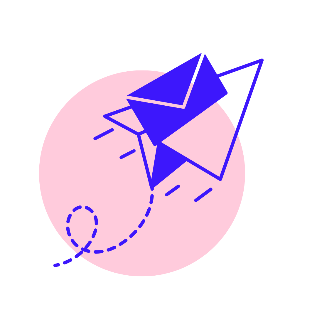 Digitale Illustration mit blauen Papierfliegern vor einem großen pinkfarbenen Kreis.