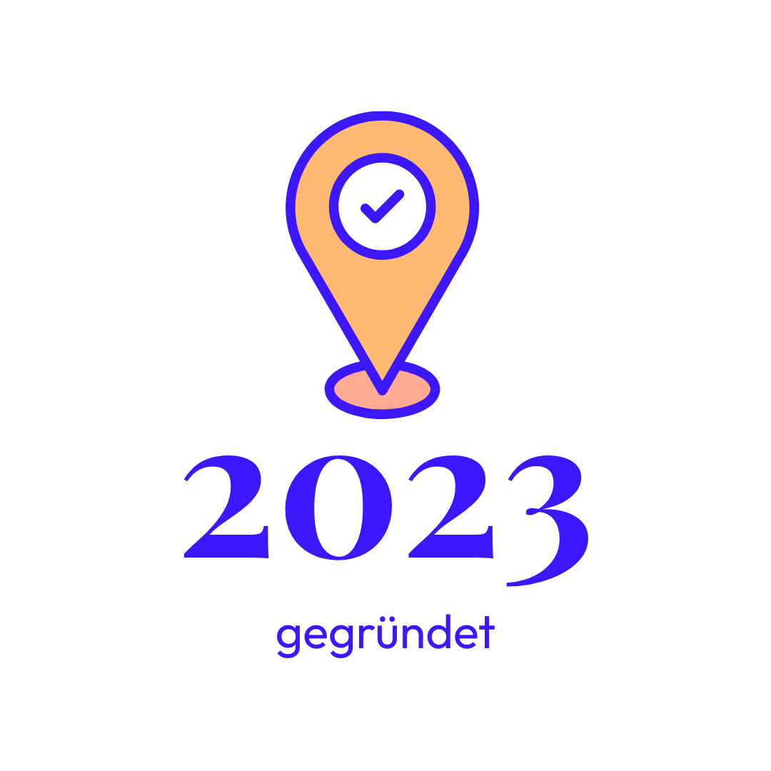 Die Grafik zeigt eine Stecknadel und die Zahl 2023 - Für das Gründungsjahr der blau:pause
