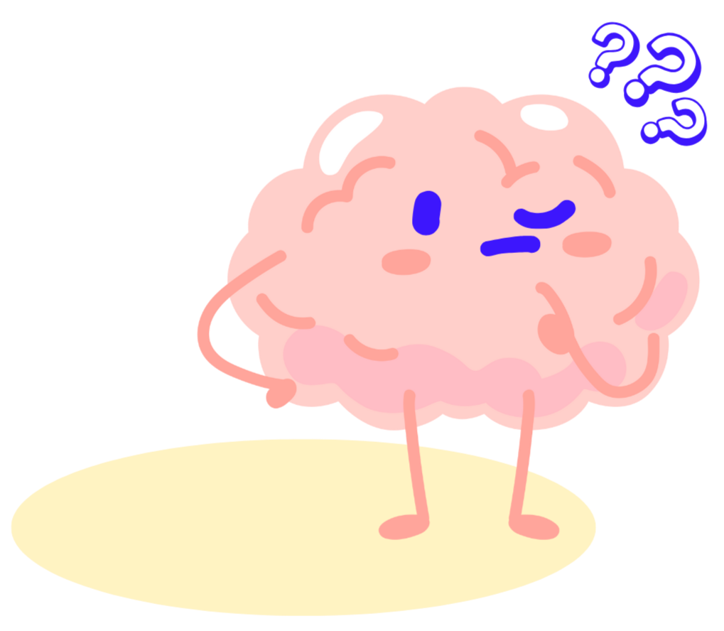 Es ist eine Grafik. Man sieht eine rosa Gehirn mit Gesicht, das sich fragend am Kopf reibt. Es steht auf einem gelben Untergrund.