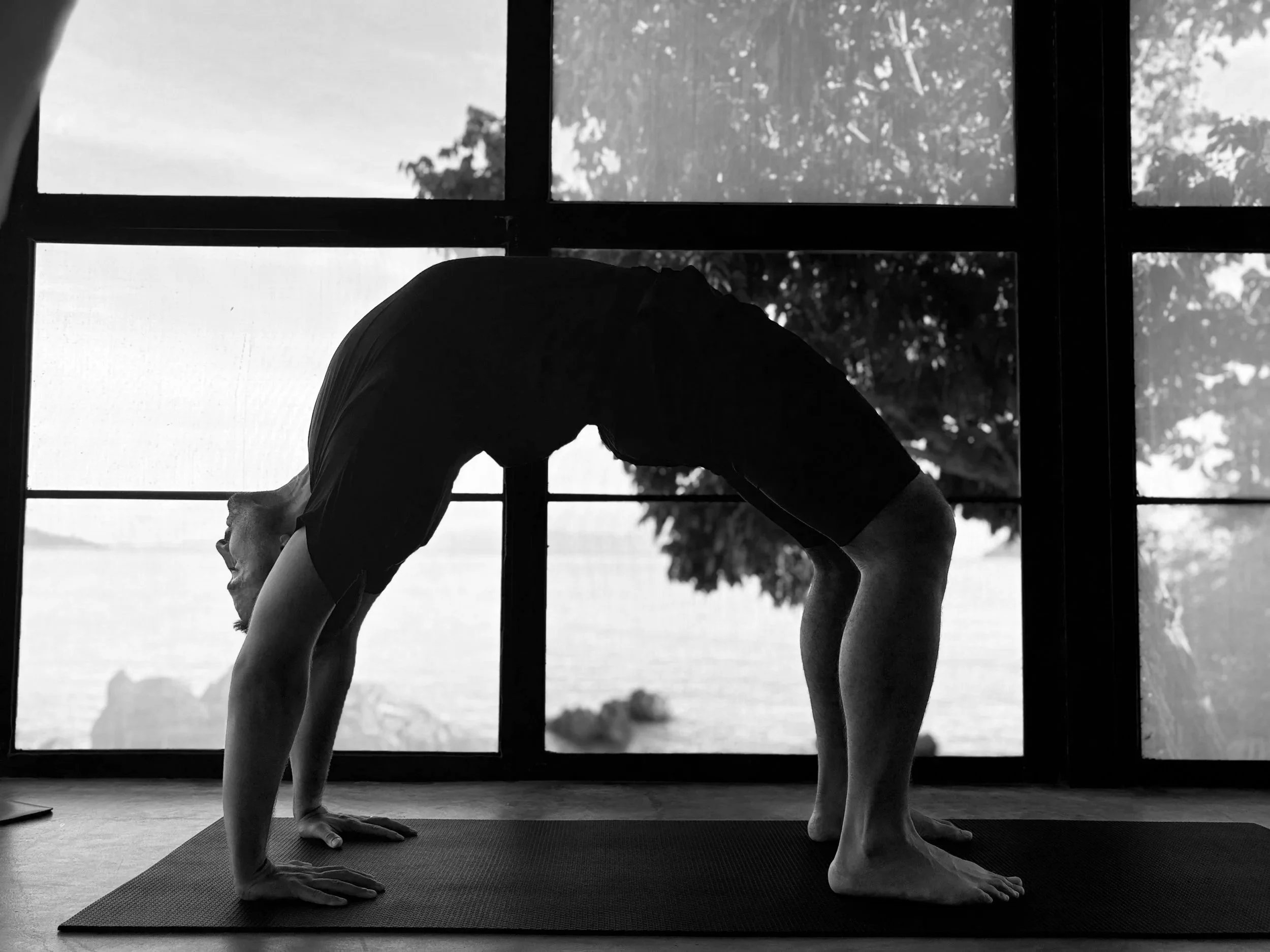 Eine Person macht Yoga in einem Raum mit großen Fenstern, durch die Bäume und Wasser sichtbar sind, im Schwarz-Weiß-Foto.