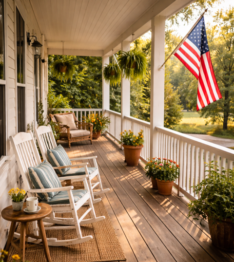 Front porch with white rocking chairs, potted plants, and hanging greenery, American flag, and trees in the background during fall.