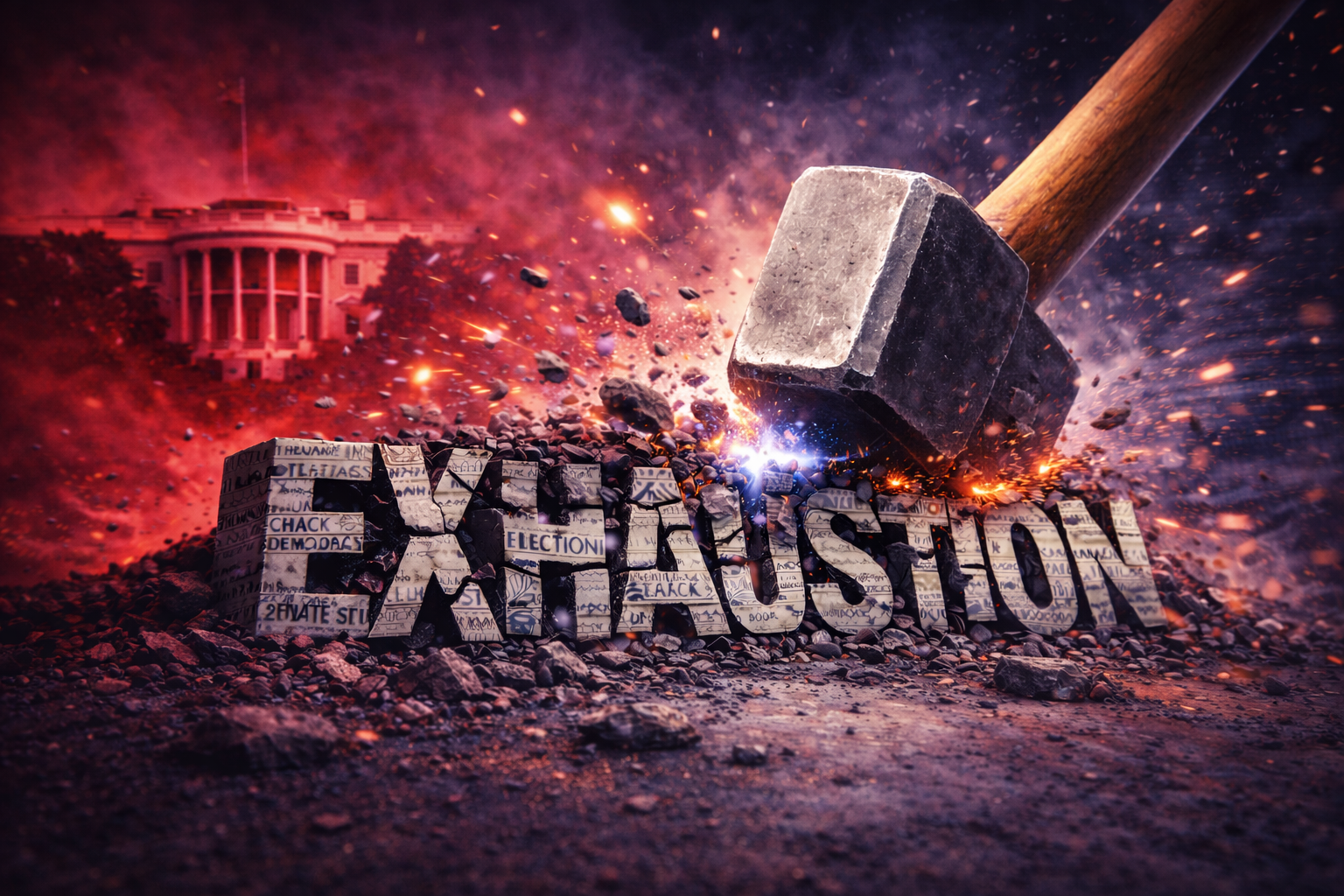 An animated scene depicting the word 'ELECTION' breaking apart with a hammer, with the White House in the background and a fiery explosion around the text.