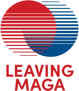 A logo with a red and blue circle and the text 'Leaving Maga' in red beneath it.