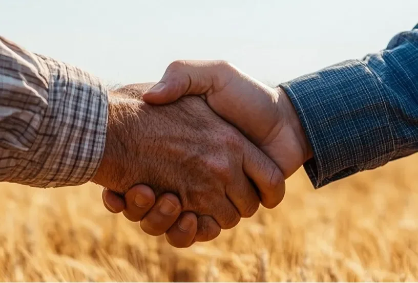 Close-up of two people shaking hands in a field during daytime.