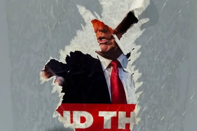 Torn paper with a partial image of Donald Trump wearing a suit and red tie, and the words 'ID THE' visible.