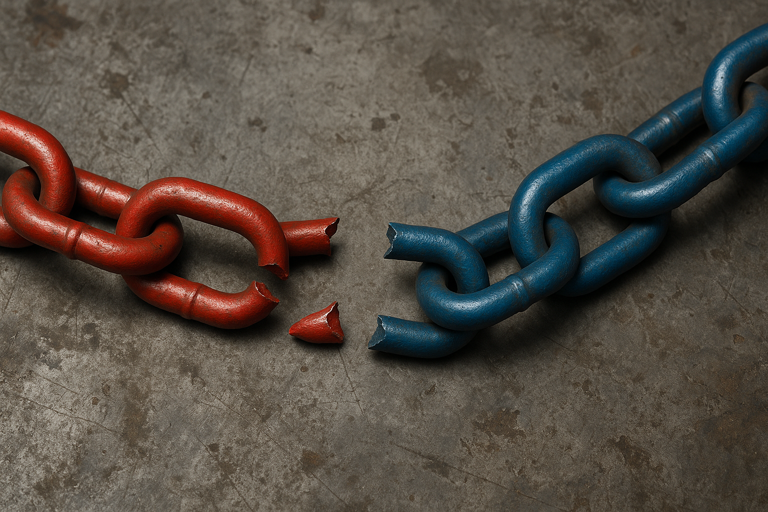 A broken red chain on the left and a broken blue chain on the right on a concrete floor.