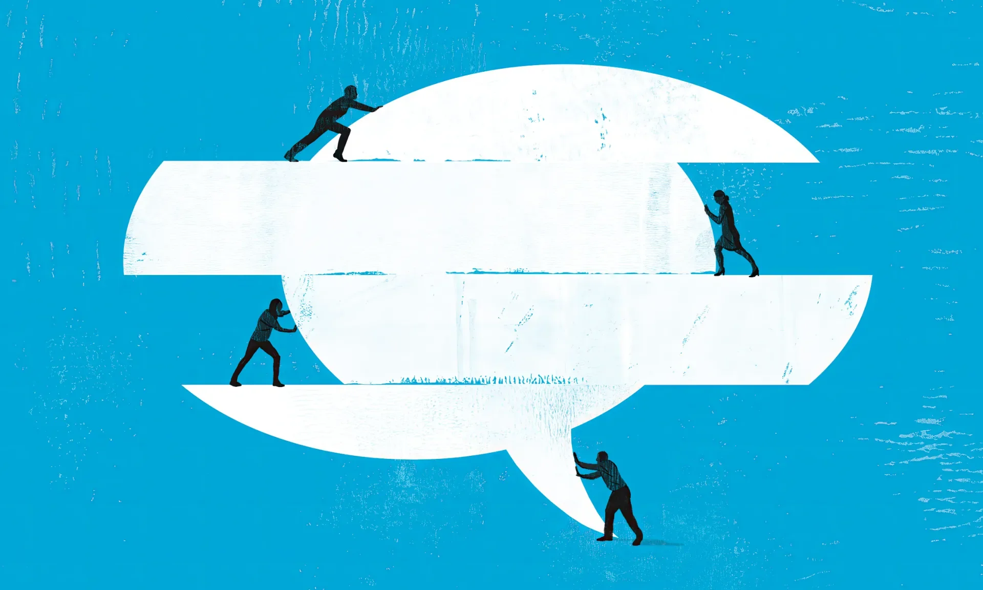 Illustration of five silhouetted people pushing a large speech bubble icon together against a blue background.