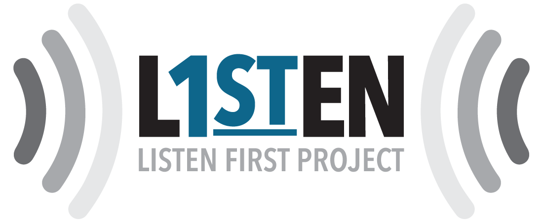 Logo for Listen First Project with text 'L1STEN' and a sound wave graphic on each side