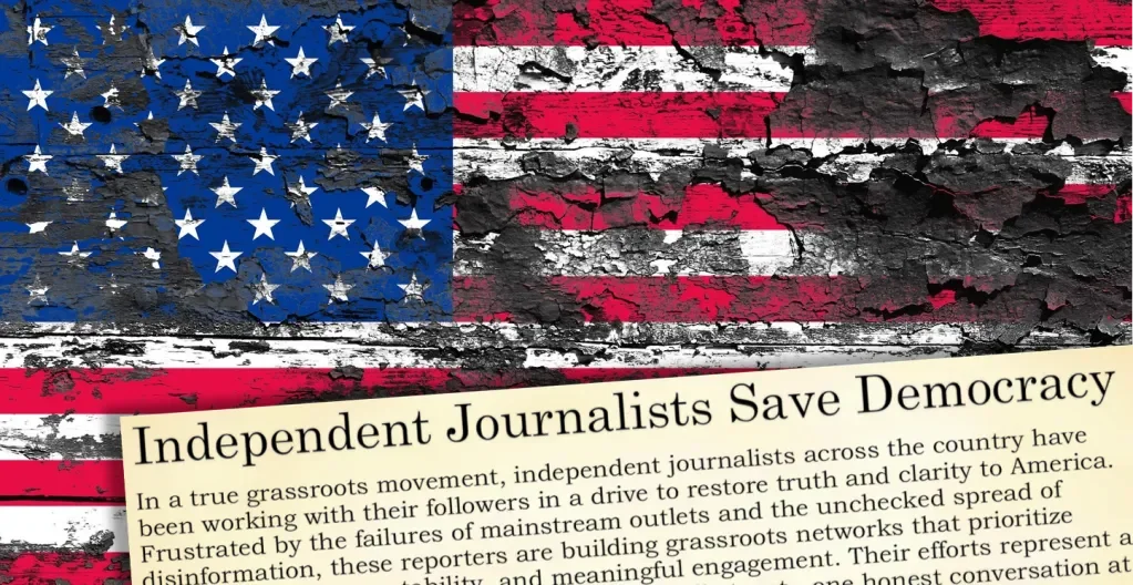 A torn American flag painted on a weathered wall with a newspaper article titled 'Independent Journalists Save Democracy' in the foreground.