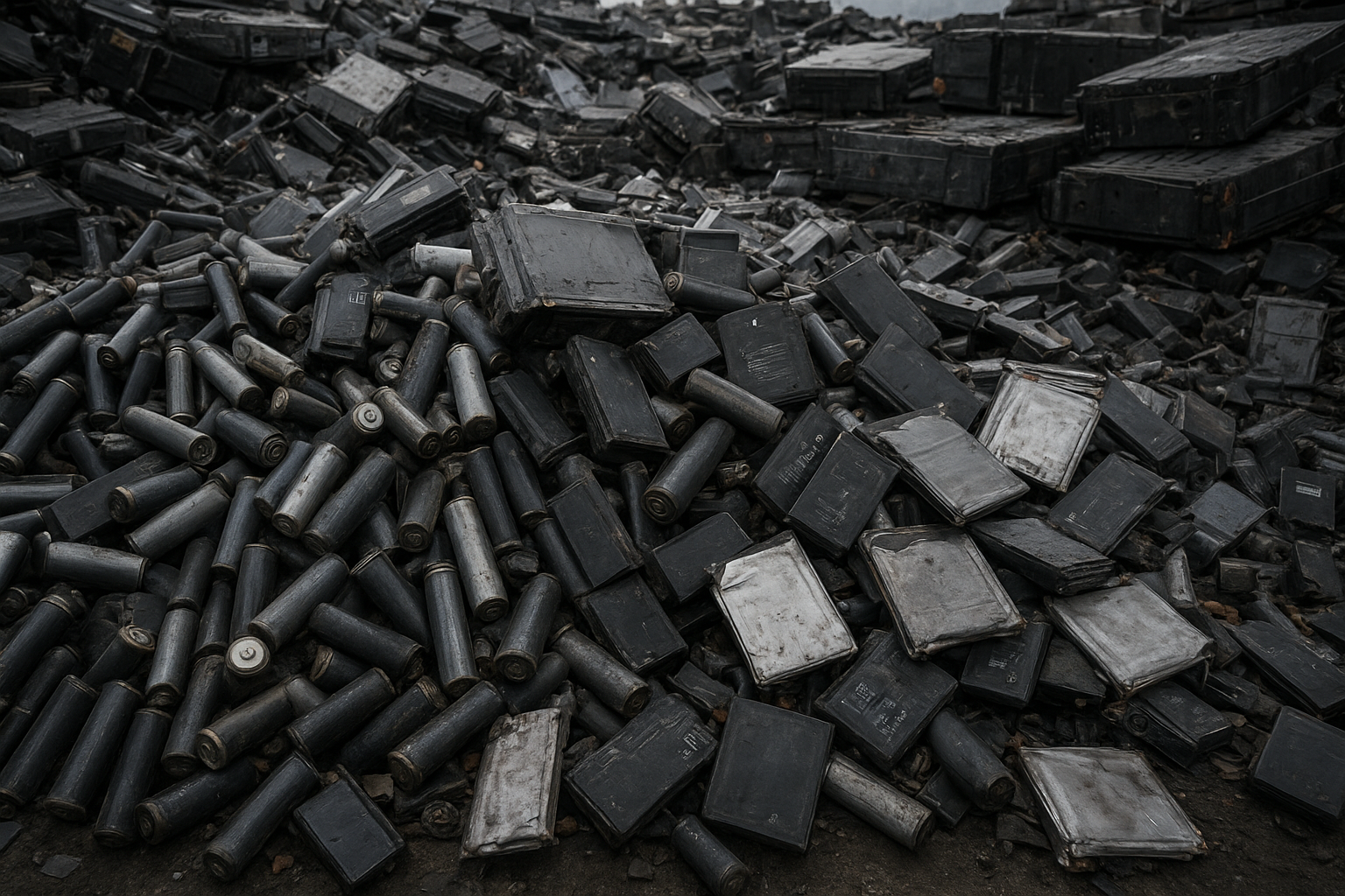 Pile of discarded batteries, mostly black and silver in color, some stacked and others scattered on the ground.