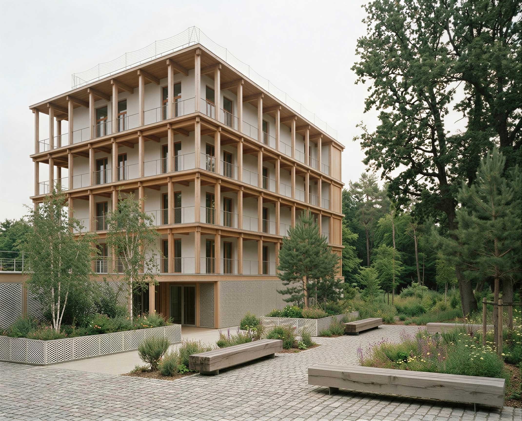 Bâtiment moderne en construction avec cadre en bois, plusieurs étages, entouré d'arbres et d'un espace extérieur paysager avec des bancs en bois, une allée pavée et des plantes.