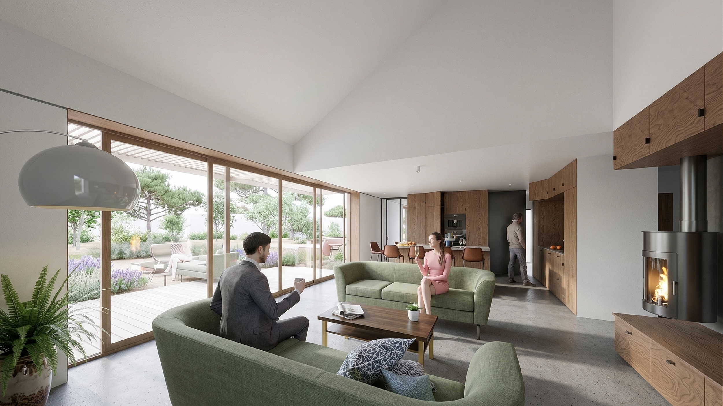 Salon moderne avec grande baie vitrée laissant entrer la lumière naturelle, meubles verts, cheminée et personnes discutant.