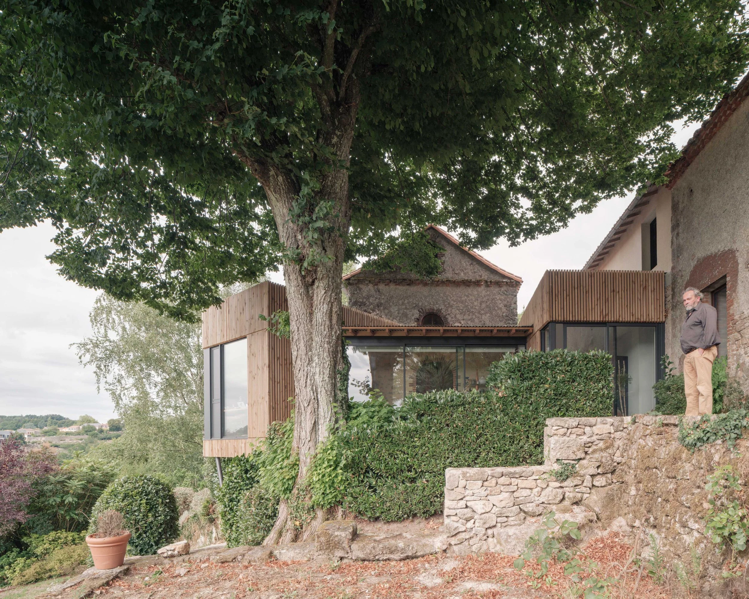 Jardin avec un grand arbre, maison moderne en arrière-plan, mur en pierre, et un homme debout à droite.