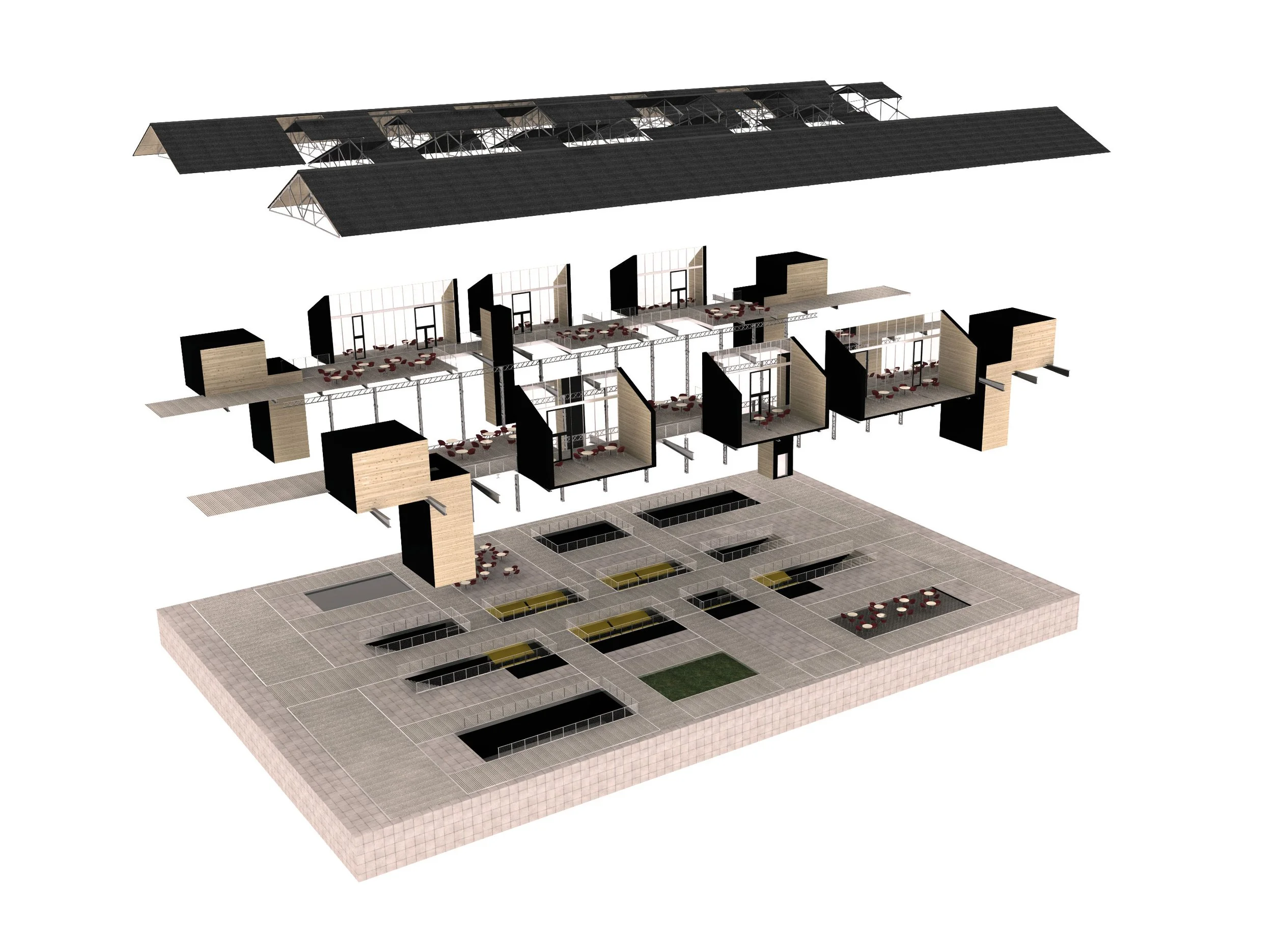 Vue éclatée d'un bâtiment moderne avec plusieurs étages, espaces intérieurs, murs, fenêtres, façades en bois, et un toit noir.