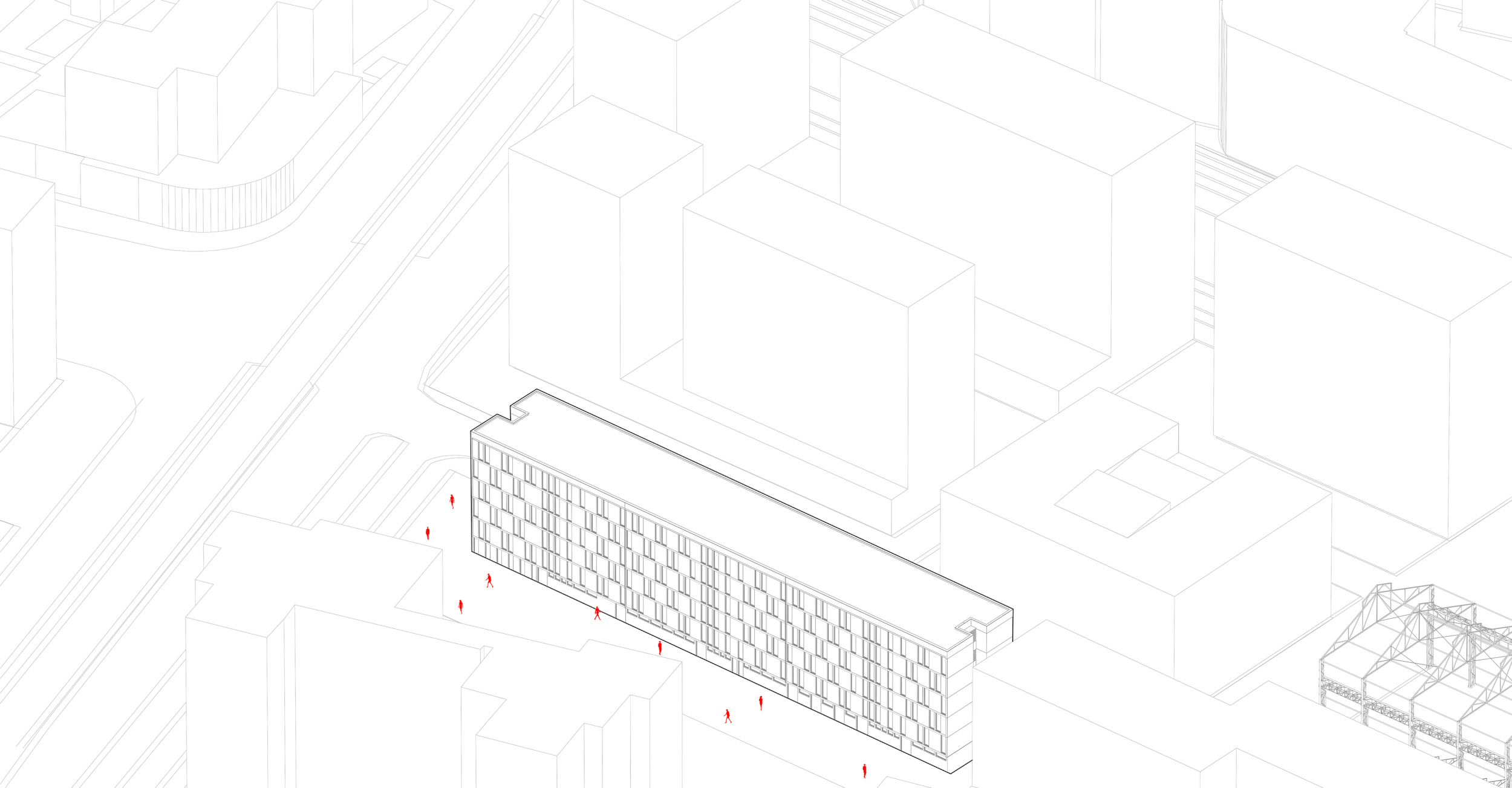 Une vue en ligne de bâtiments dans une ville, avec un bâtiment rectangulaire à plusieurs étages présentant une façade en grille, et des silhouettes rouges représentant des personnes marchant autour.