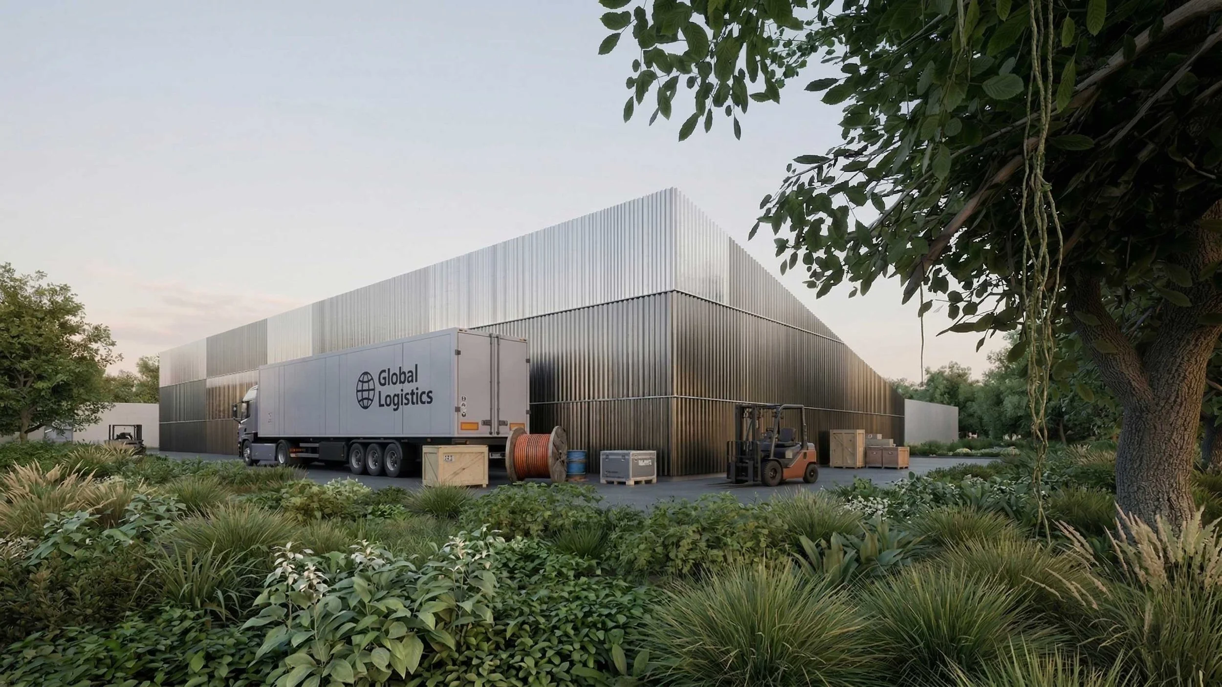 Un bâtiment moderne avec un camion de logistique et une palette de matériaux, entouré de verdure et d'arbres.