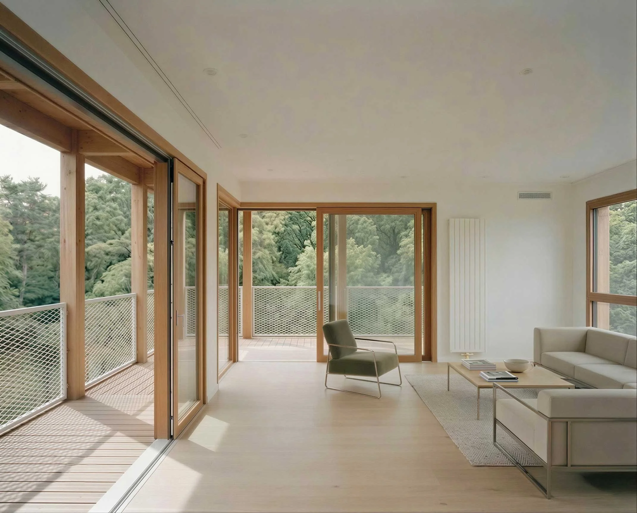 Salon moderne avec grandes fenêtres offrant une vue sur la nature, mobilier minimaliste avec canapé beige, fauteuil vert, table basse en métal, accents en bois, intérieur lumineux et épuré.
