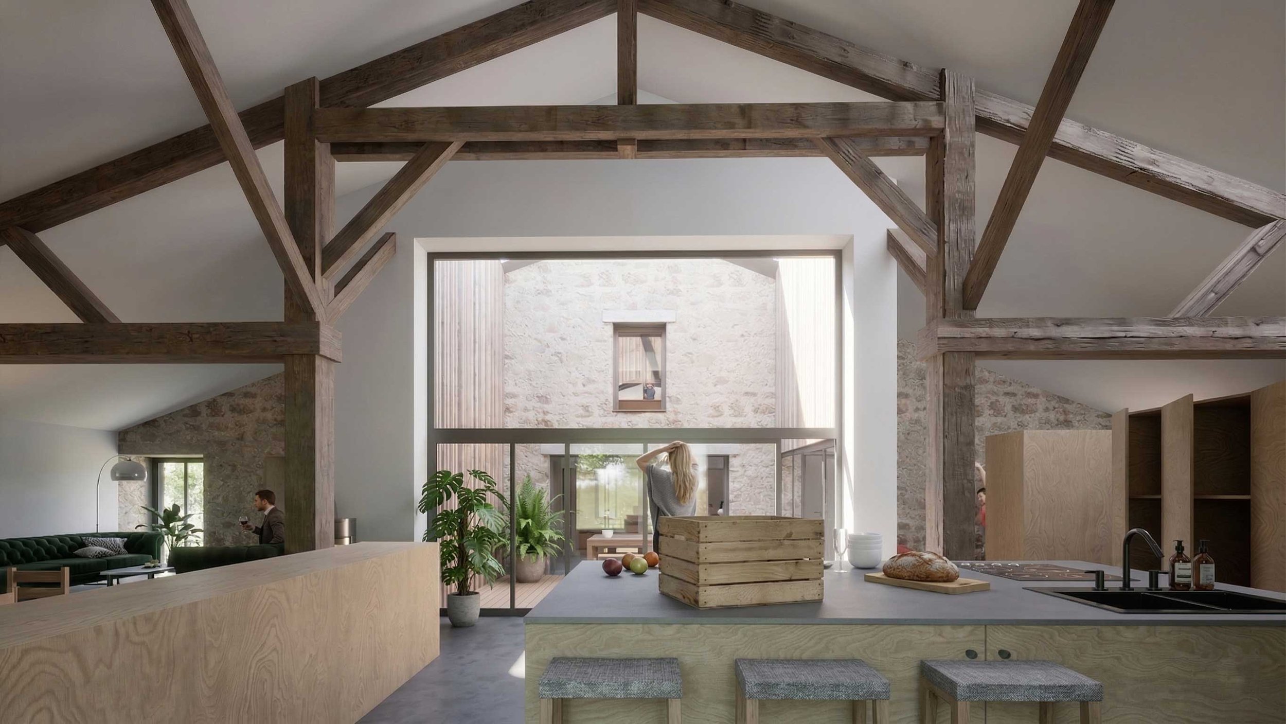 Intérieur d'une maison moderne avec poutres en bois apparentes, cuisine avec plan de travail en bois clair, plantes vertes, fenêtres avec vue sur un espace extérieur, personnes assises et discutant.