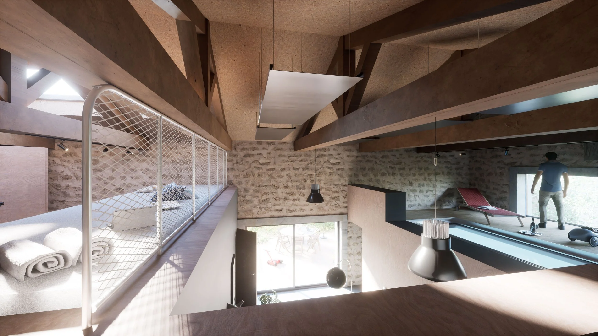 Intérieur moderne avec poutres en bois apparentes, murs en pierre, grande fenêtre laissant entrer la lumière naturelle, et une personne debout près d'une baie vitrée.