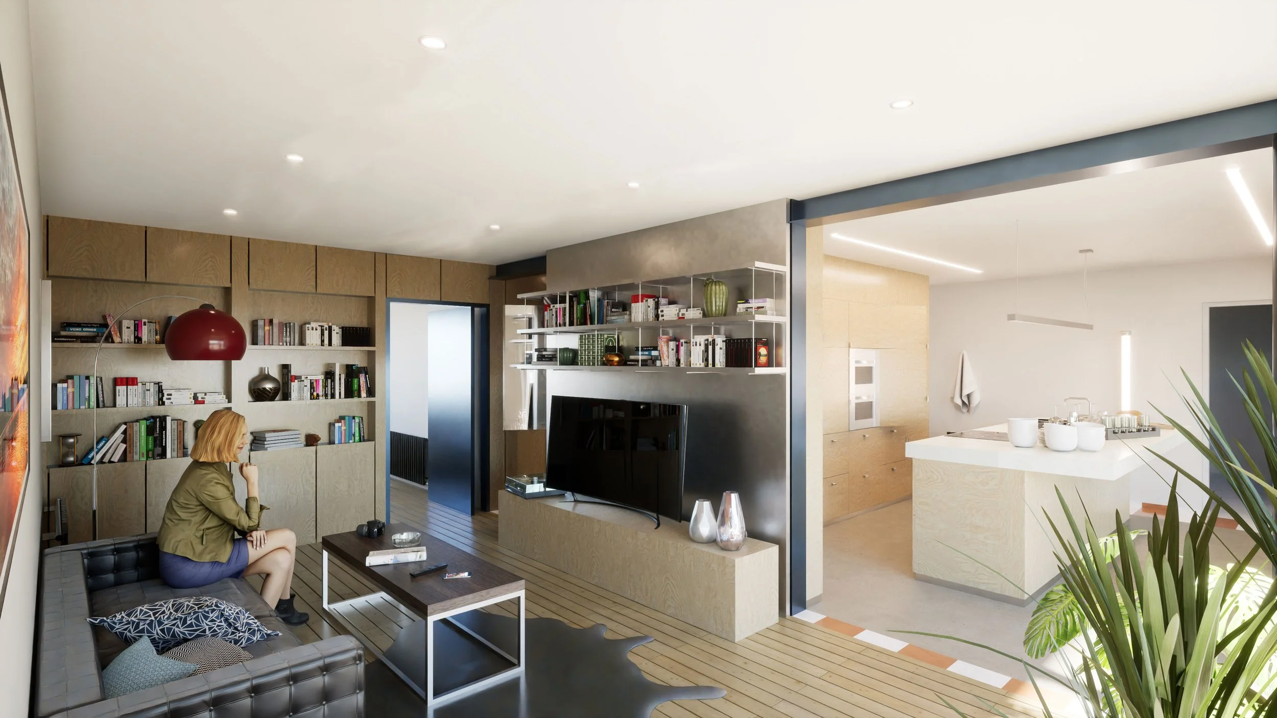 Salon moderne avec un mur bibliothèque rempli de livres, une télévision, et une femme assise sur un canapé cuir grisonnant. Cuisine ouverte avec îlot en bois clair, vaisselle blanche, et plantes vertes, dans un espace lumineux avec plafond blanc et é