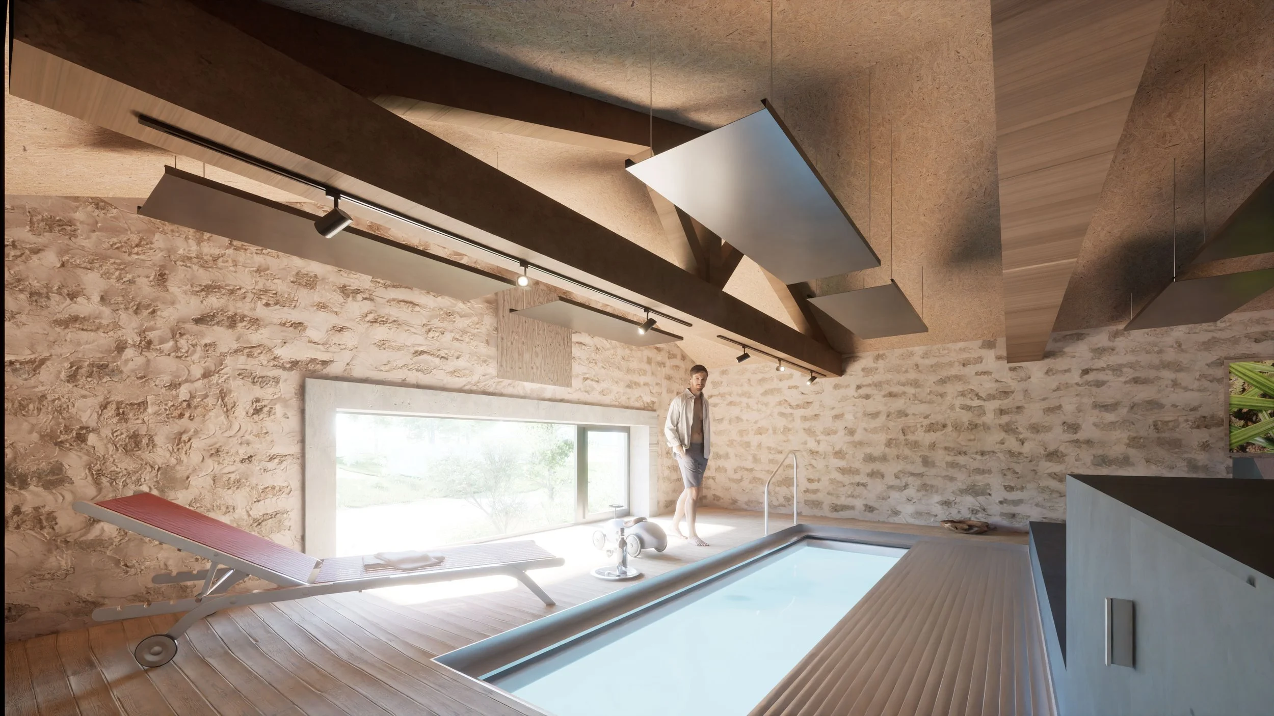 Intérieur moderne avec une piscine, un fauteuil inclinable et des murs en pierre, dans une pièce avec de grands meubles en bois, un plafond avec des panneaux en bois et un homme debout près de la piscine.