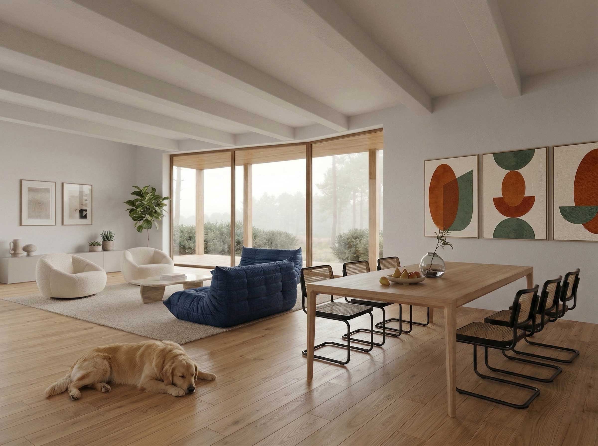 Une vue intérieure depuis le Salon Salle-à-Manger d'une maison d'architecture contemporaine dans le style landais, avec un bardage en bois arcachonnais, dans le bassin d'Arcachon.