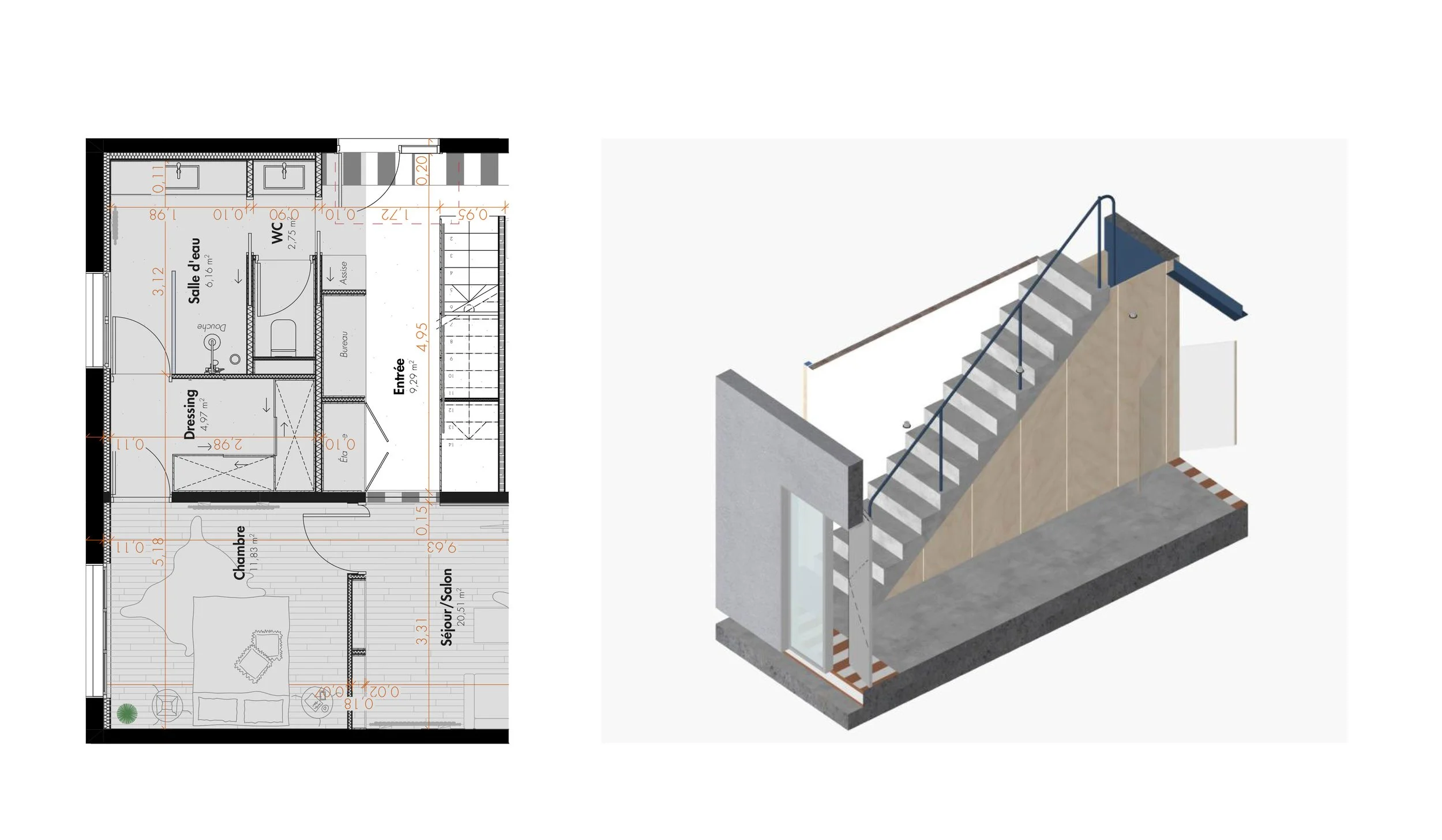 Plan d'étage d'une maison avec détails des pièces et dimensions, et une vue 3D d'un escalier en béton avec garde-corps en métal.
