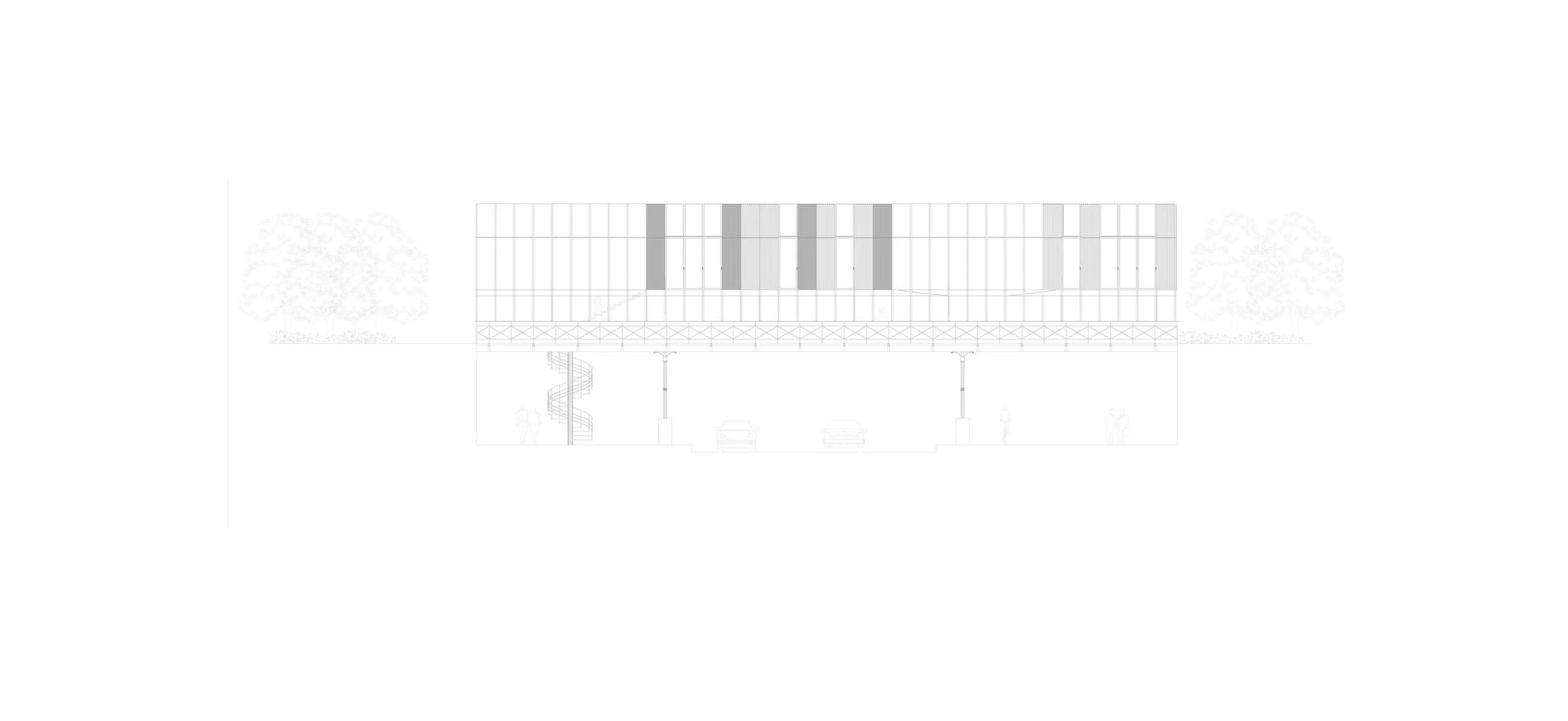 Dessin d'un bâtiment moderne avec façade en verre, colonnes de soutien et un escalier en spirale à l'extérieur, avec des arbres environnants.