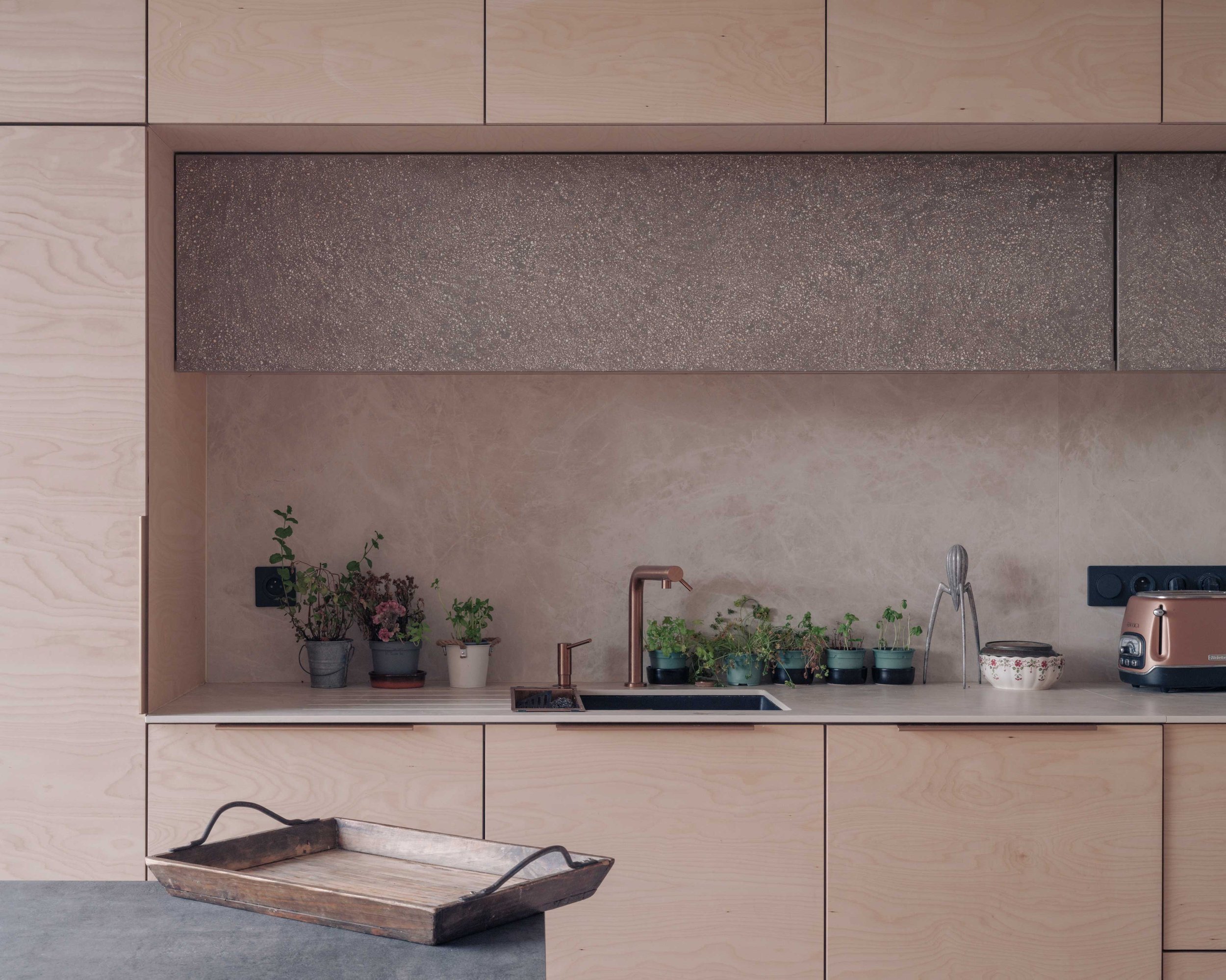 Une cuisine moderne avec un plan de travail en bois clair, un évier noir, plusieurs plantes en pots, un robinet en cuivre, et des appareils électroménagers. Un coffre en bois est présent en premier plan.