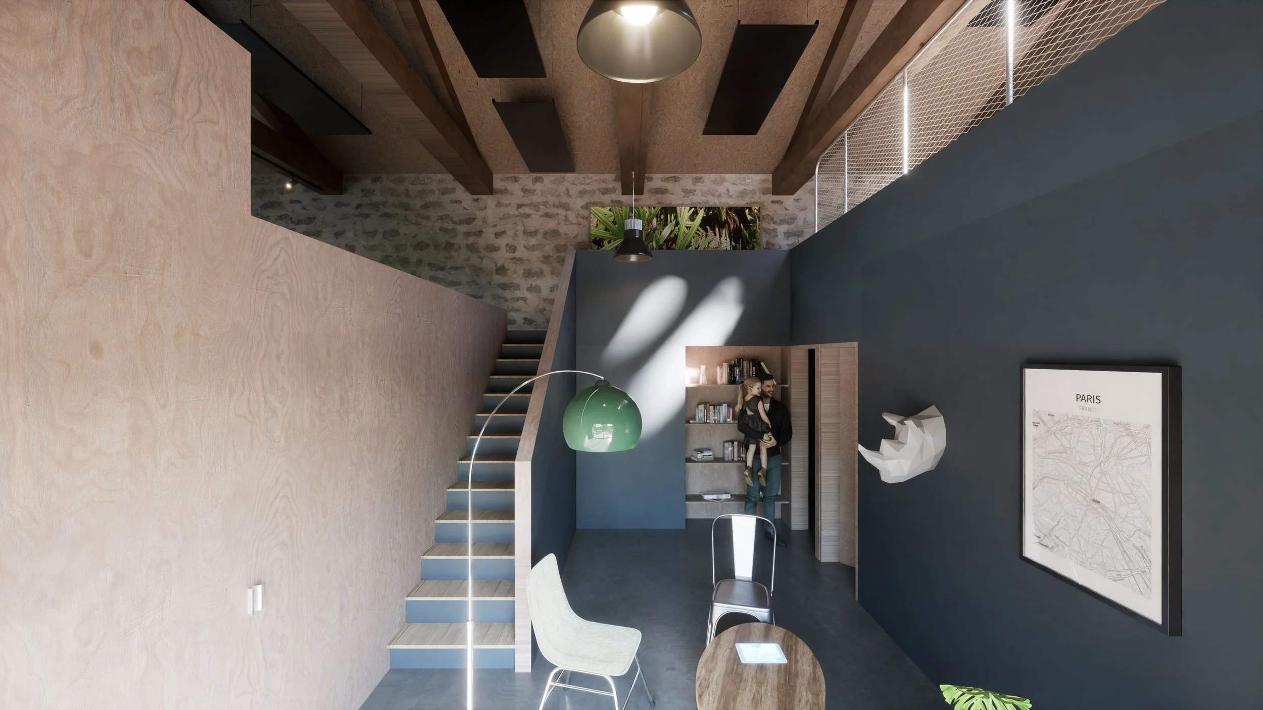 Intérieur moderne avec escalier en bois, murs en pierre et peinture bleu foncé, décoration avec tableau et sculptures, lampe suspendue