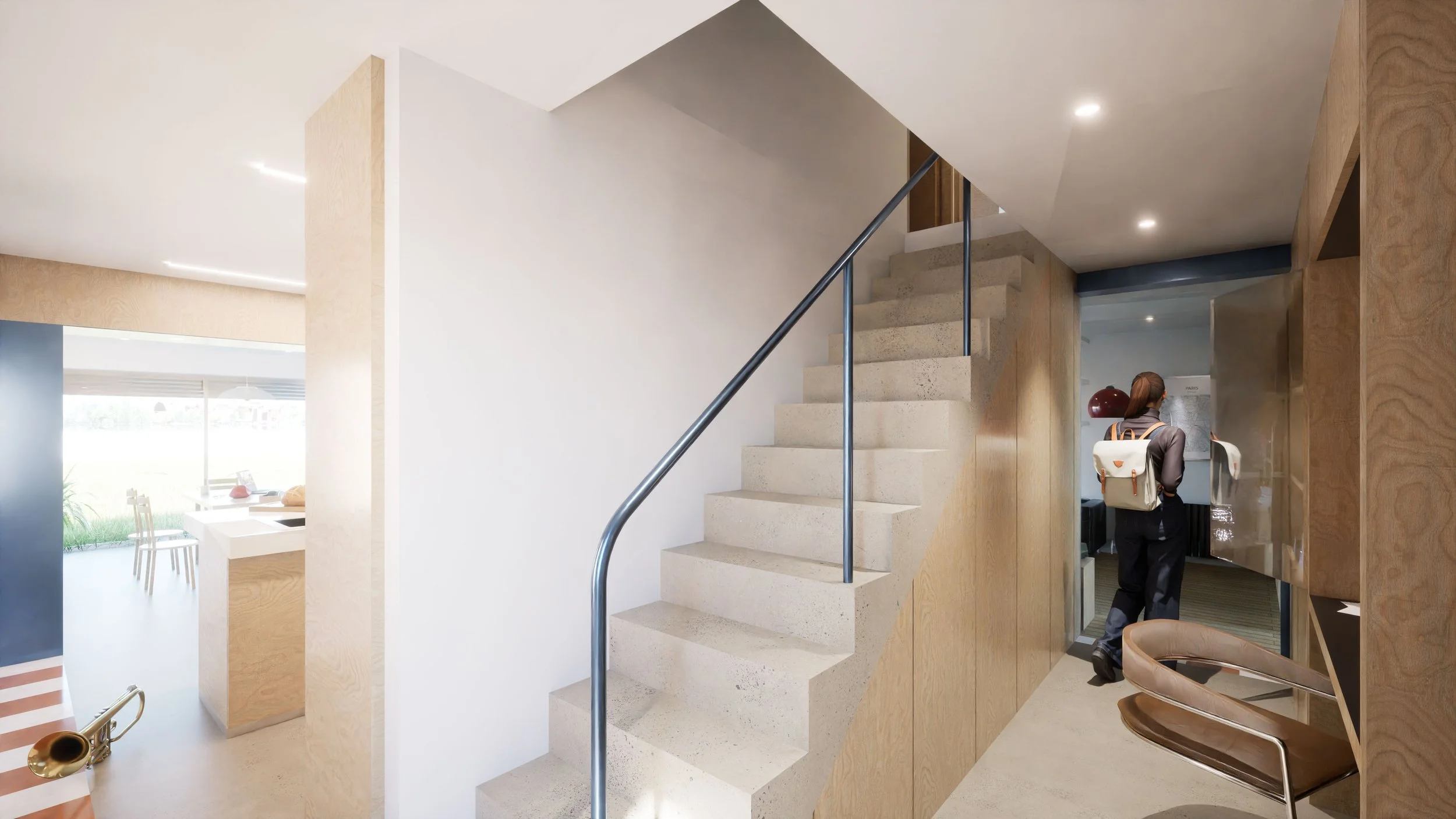 Intérieur moderne avec escalier en béton, murs en bois, et une personne avec sac à dos dans un espace lumineux.