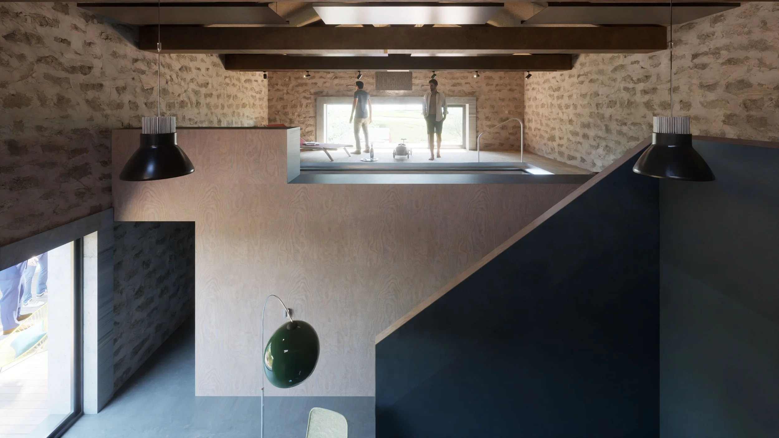 Intérieur d'une pièce avec murs en pierre, poutres en bois au plafond, grande fenêtre laissant entrer la lumière naturelle, deux personnes debout près de la fenêtre, mobilier moderne, lampes suspendues.