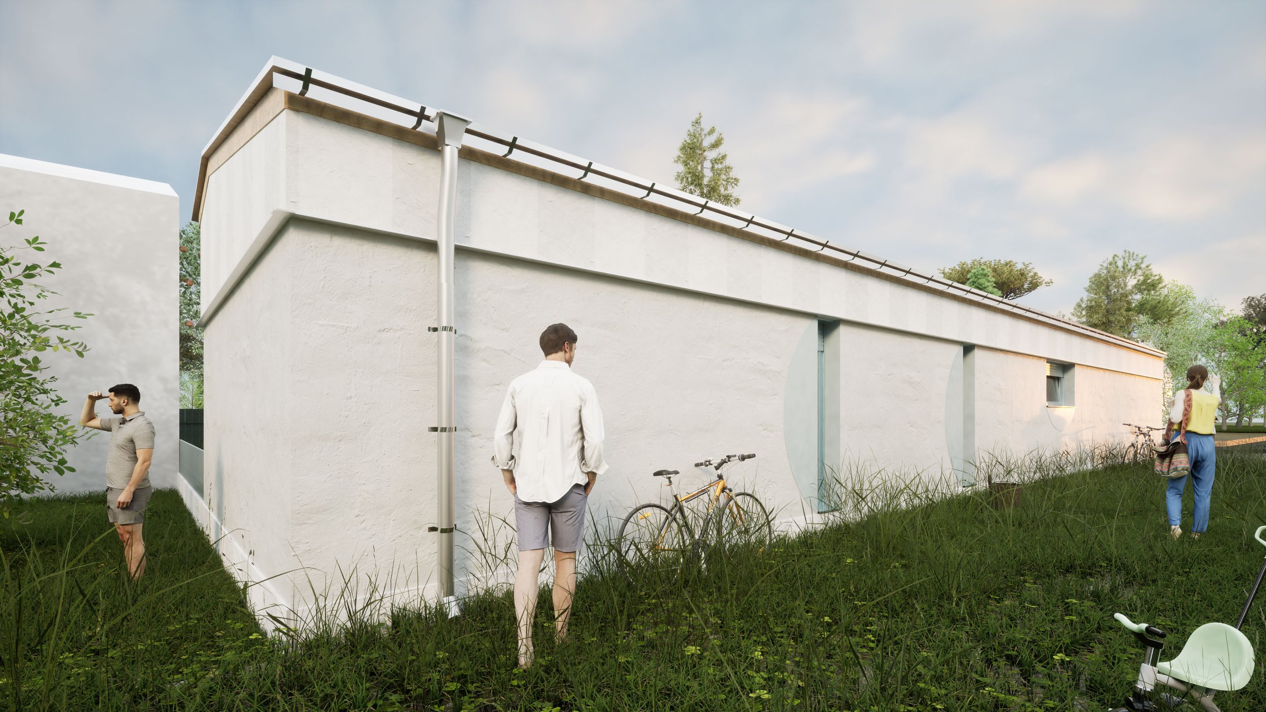 Un groupe de personnes près d'une maison moderne en jardin, certains avec des vélos, un homme qui regarde au loin, une femme avec un sac.