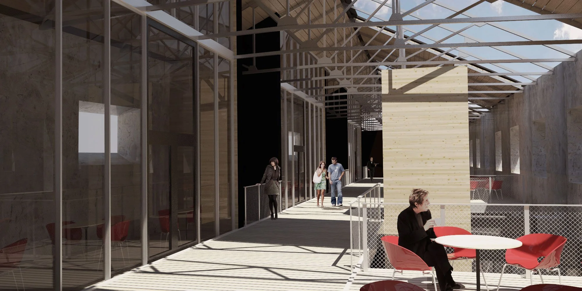 Un espace moderne avec une structure en métal et en bois, où plusieurs personnes se promènent ou sont assises à des tables rouges, dans un environnement lumineux avec un plafond en bois et de grandes fenêtres en verre.
