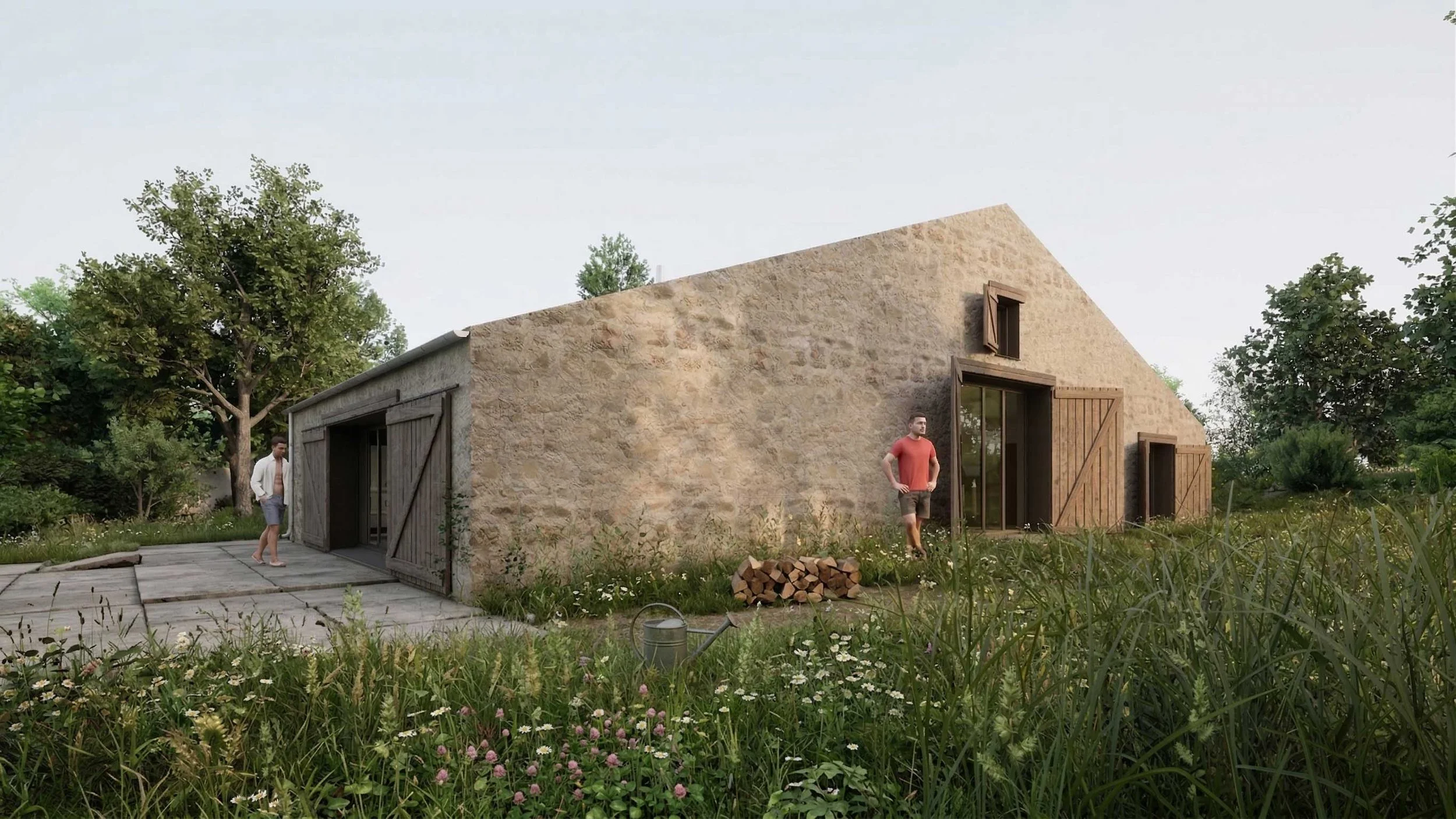 Une maison moderne en pierre avec des volets en bois, située dans un jardin verdoyant avec deux hommes, l'un portant un t-shirt rouge et l'autre un blazer blanc.