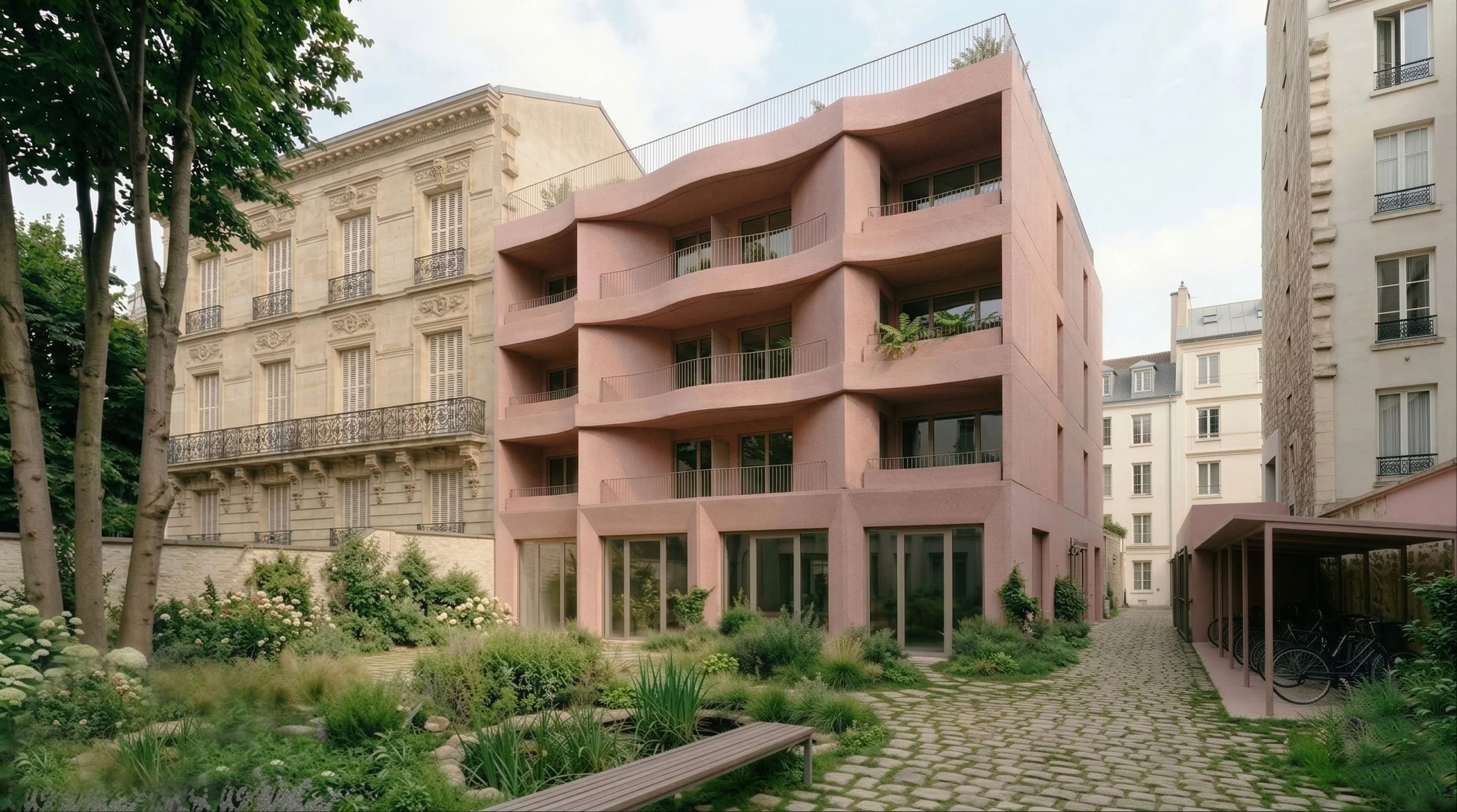 Un bâtiment résidentiel moderne rose avec des balcons ondulés, entouré de bâtiments classiques et un jardin avec des arbres, des arbustes, et un banc en bois.
