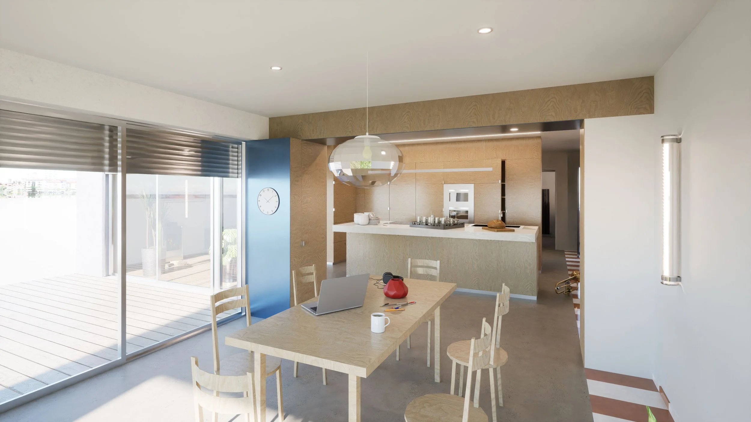 Cuisine moderne avec grande baie vitrée, salle à manger avec table en bois et chaises, pendant