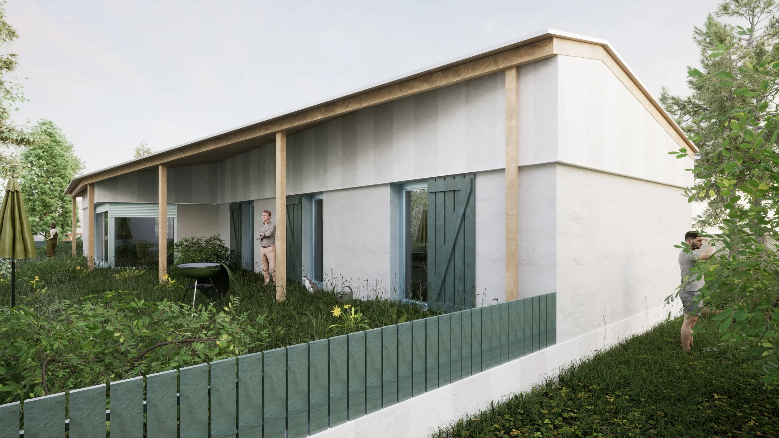 Une maison moderne avec un toit incliné, murs blancs, fenêtres et volets bleus, entourée d'arbres et de verdure, avec des personnes dans le jardin.