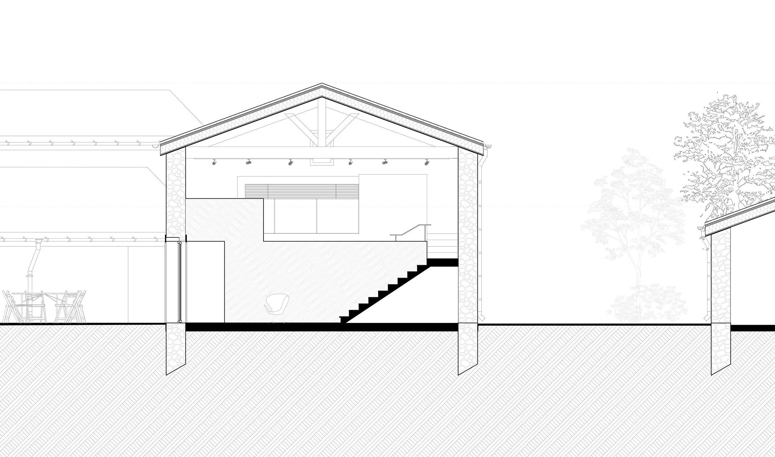 Plan architectural d'une maison avec intérieur visible, escaliers, mobilier, et le paysage extérieur avec des arbres.