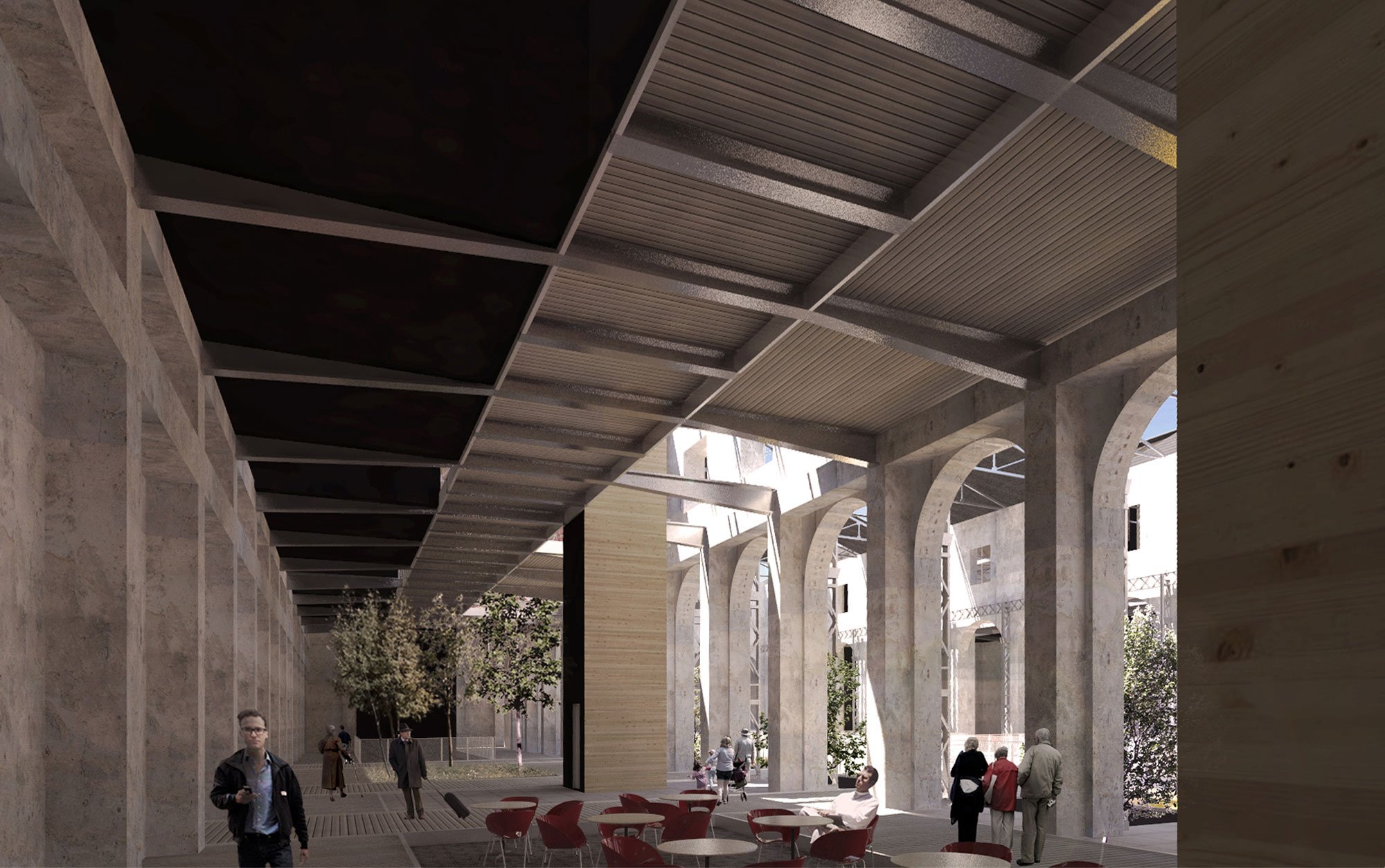 Une architecture moderne avec un plafond en lamelles métalliques et des arches en pierre. Il y a des personnes assises et debout, et un espace extérieur avec des arbres et des tables rouges.