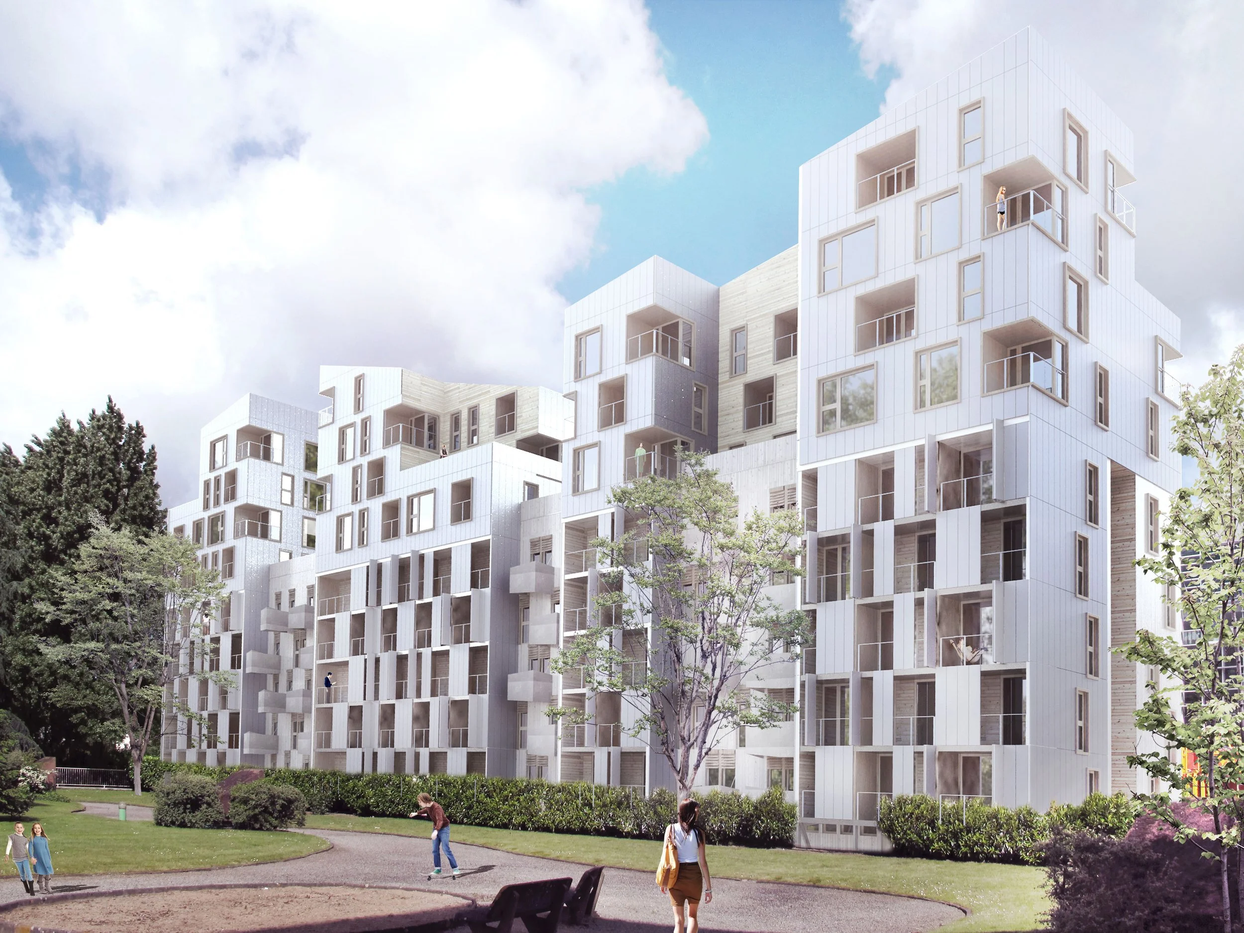 Une résidence moderne avec des balcons et fenêtres en façade, entourée d'arbres, avec des enfants jouant dans la pelouse