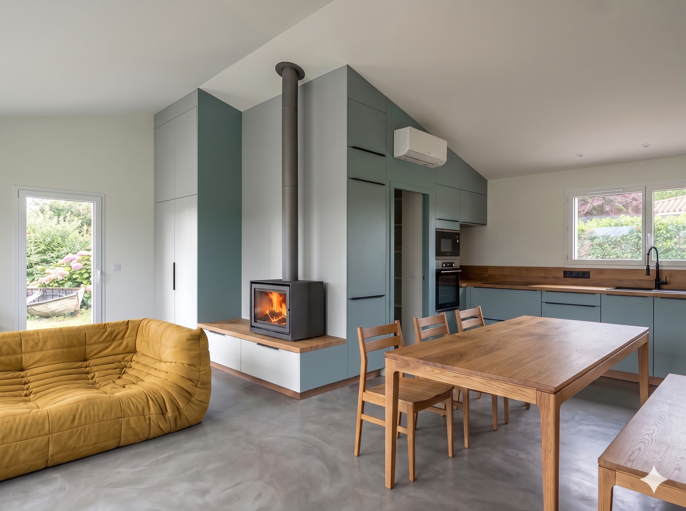 Intérieur comprenant un salon et une cuisine avec fenêtres, une cheminée électrique, un plan de travail en bois, et des meubles en bois naturel.