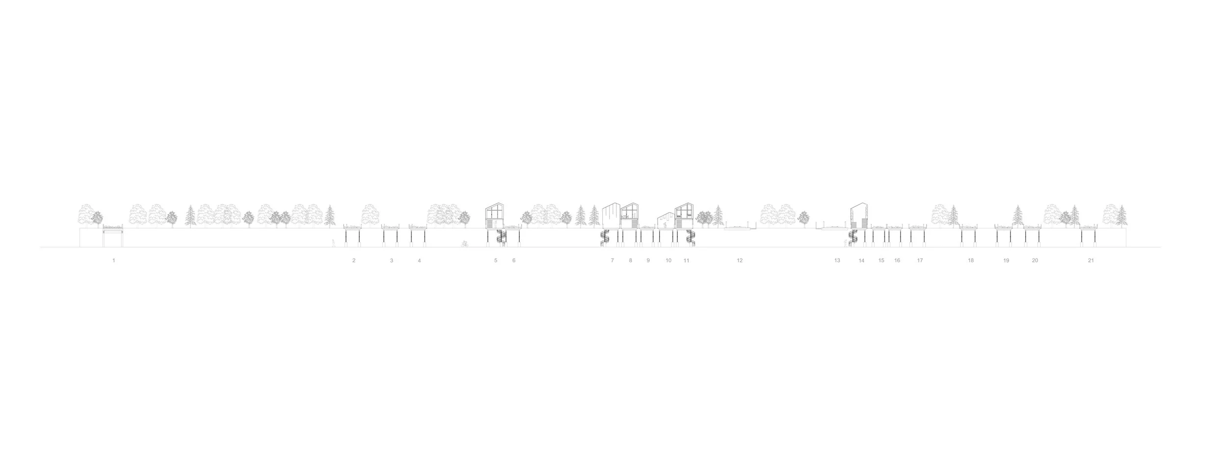 Une illustration détaillée d'une ligne d'habitations modernes entourées d'arbres, avec des structures surélevées en dessous et des numéros en dessous de chaque construction.