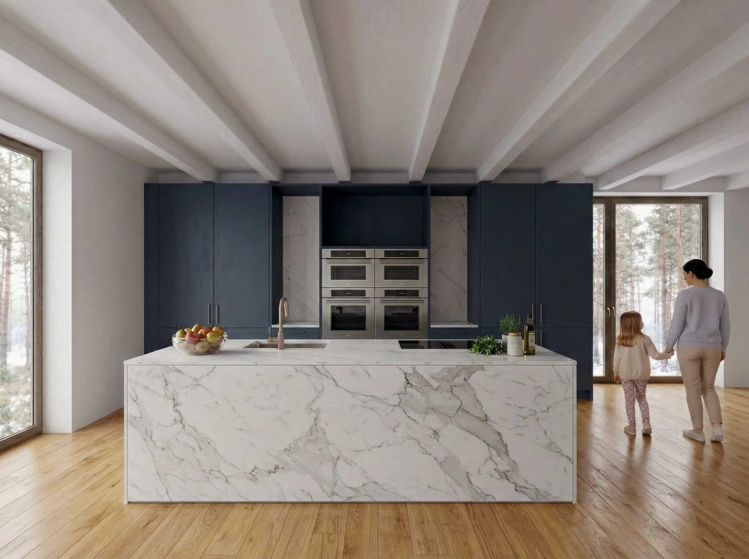 Une vue intérieure depuis la Cuisine d'une maison d'architecture contemporaine dans le style landais, avec un bardage en bois arcachonnais, dans le bassin d'Arcachon.