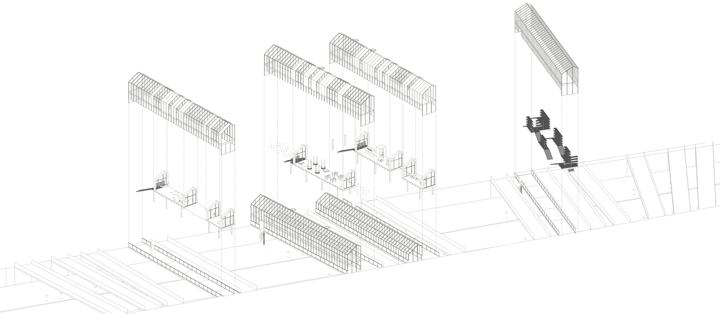 Un schéma technique détaillé d'une structure architecturale, comprenant des murs, des escaliers et des sections en verre, représentée en dessin vectoriel noir et blanc.
