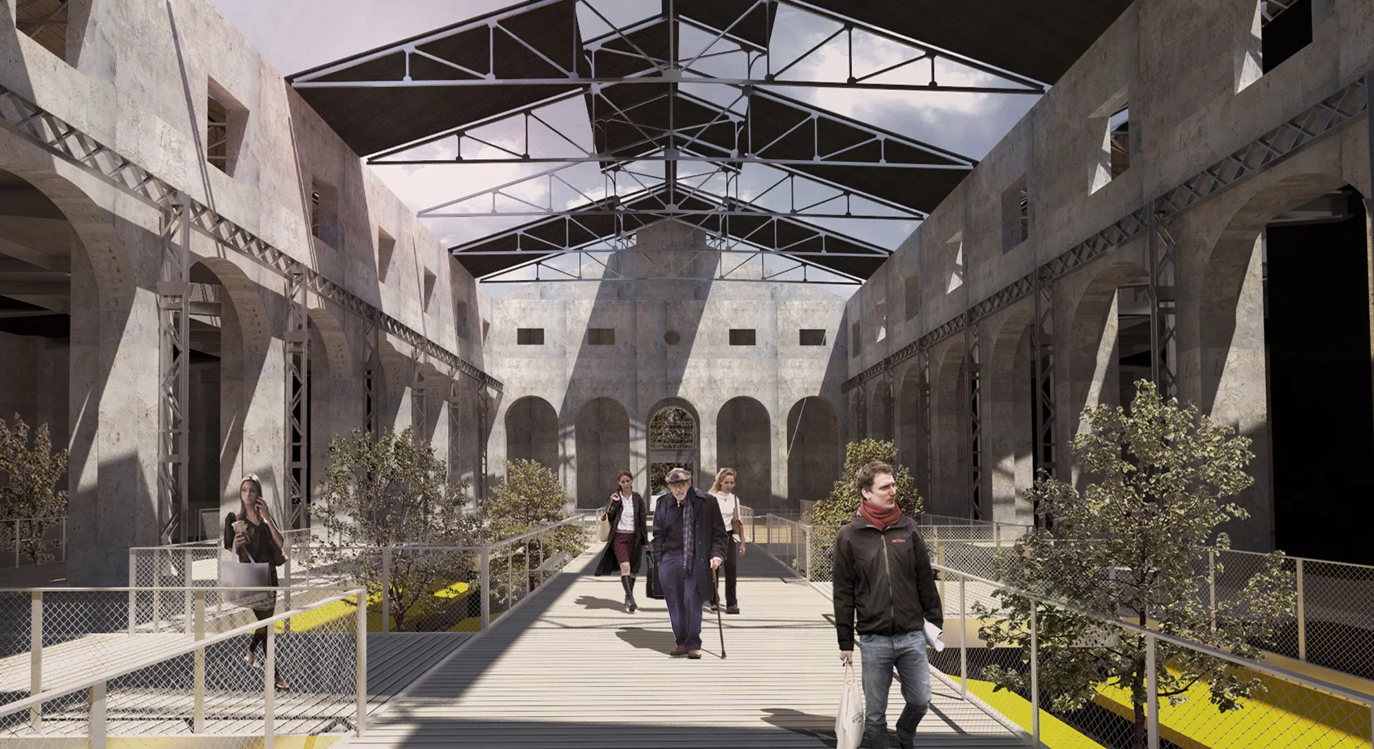 Une image représentant une cour intérieure d'un bâtiment moderne avec une architecture en pierre, un toit en métal et des passerelles en bois, où des personnes marchent.
