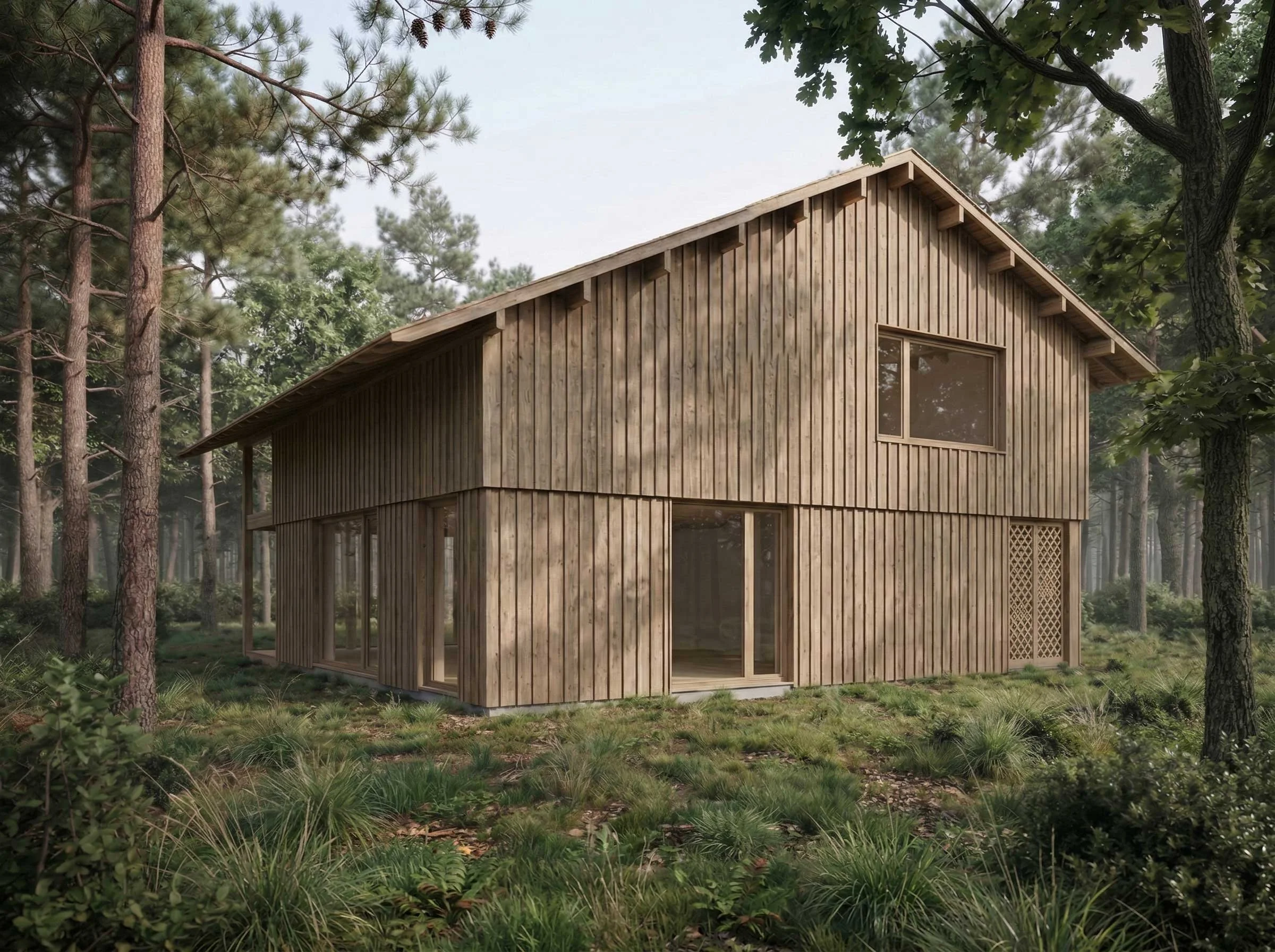 Une vue extérieure depuis l'entrée d'une maison d'architecture contemporaine dans le style landais, avec un bardage en bois arcachonnais, dans le bassin d'Arcachon.